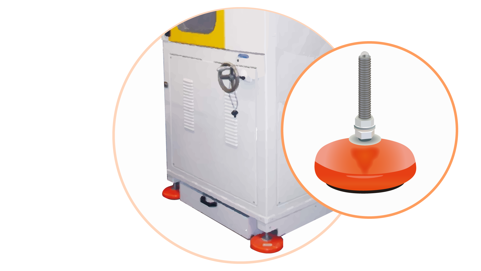 Grafika przedstawia poprawnie wykonaną izolację przeciwdrganiową maszyny przemysłowej przy pomocy wibroizolatora talerzowego niekotwionego. Grafika zawiera prostopadłościenną maszynę z zaworem po środku. W prawym dolnym rogu jest zbliżenie na wibroizolator w kształcie talerza, który zabezpiecza jej nogi podporowe.