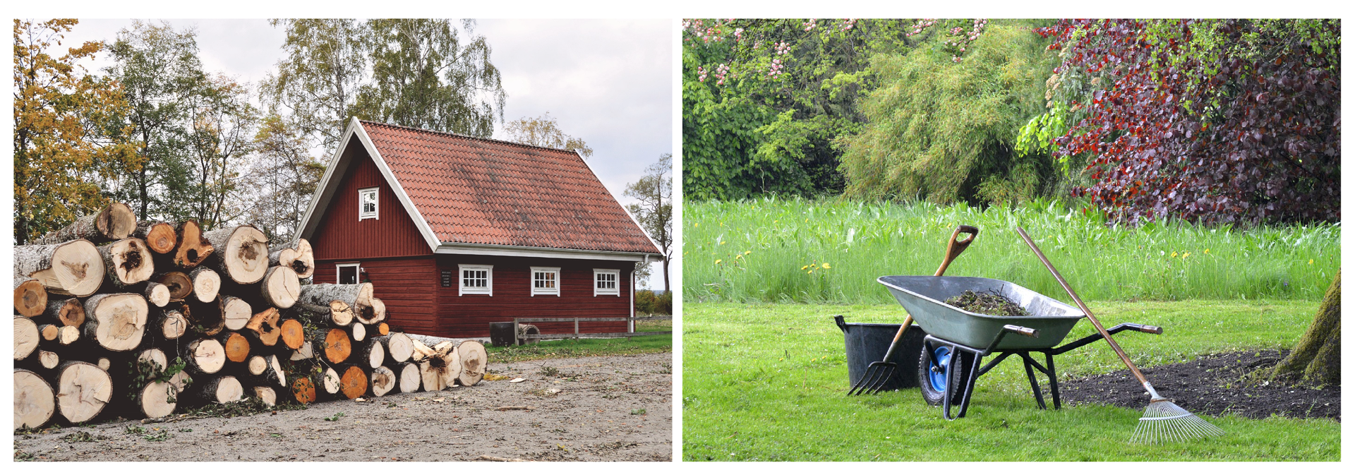 Ilustracja składa się z dwóch zdjęć. Zdjęcie po lewej przedstawia drewniany dom obok którego leży poukładany stos drewna w balach. Po prawej widoczna jest taczka stojąca w ogrodzie. O taczkę oparte są grabie, za taczką stoi wiadro.