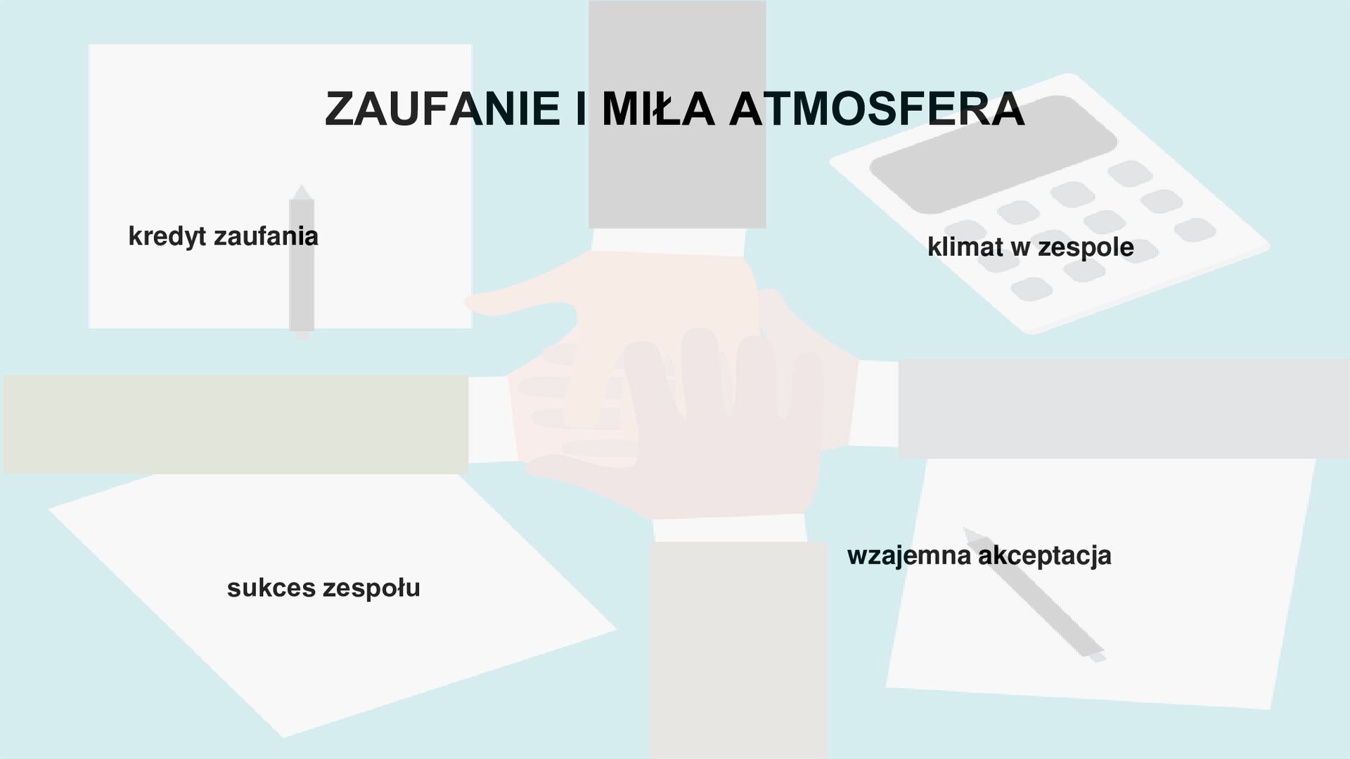 U góry napis: Zaufanie i miła atmosfera. W tle cztery ręce w garniturach i białych koszulach połączone na środku na stole. Pomiędzy rękami trzy kartki i kalkulator oraz teksty: kredyt zaufania, sukces zespołu, klimat w zespole, wzajemna akceptacja.