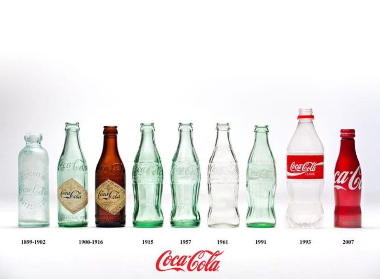 Fotografia przedstawia butelki od napoju coca-cola na przestrzeni lat . Butelek jest dziewięć. Lata zmian: od 1899 roku do 2007 roku. Butelki w większości mają podobny kształt, ich profil zwęża się do dołu. Wszystkie posiadają wytłoczone lub wydrukowane na etykiecie logo Coca-Cola.