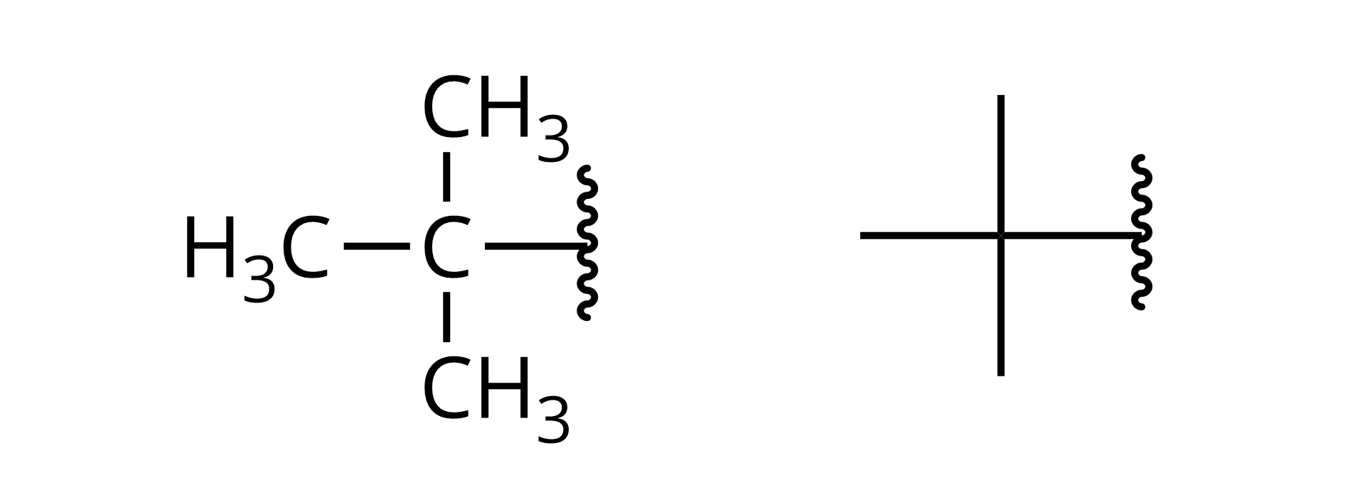Ilustracja przedstawiająca dwa wzory półstrukturalny i kreskowy podtawnika tert‑butylowego strukturze atom węgla, od którego odchodzi wiązanie przecinane pod kątem prostym przez falistą linię oraz który związany jest z trzema grupami metylowymi CH3.