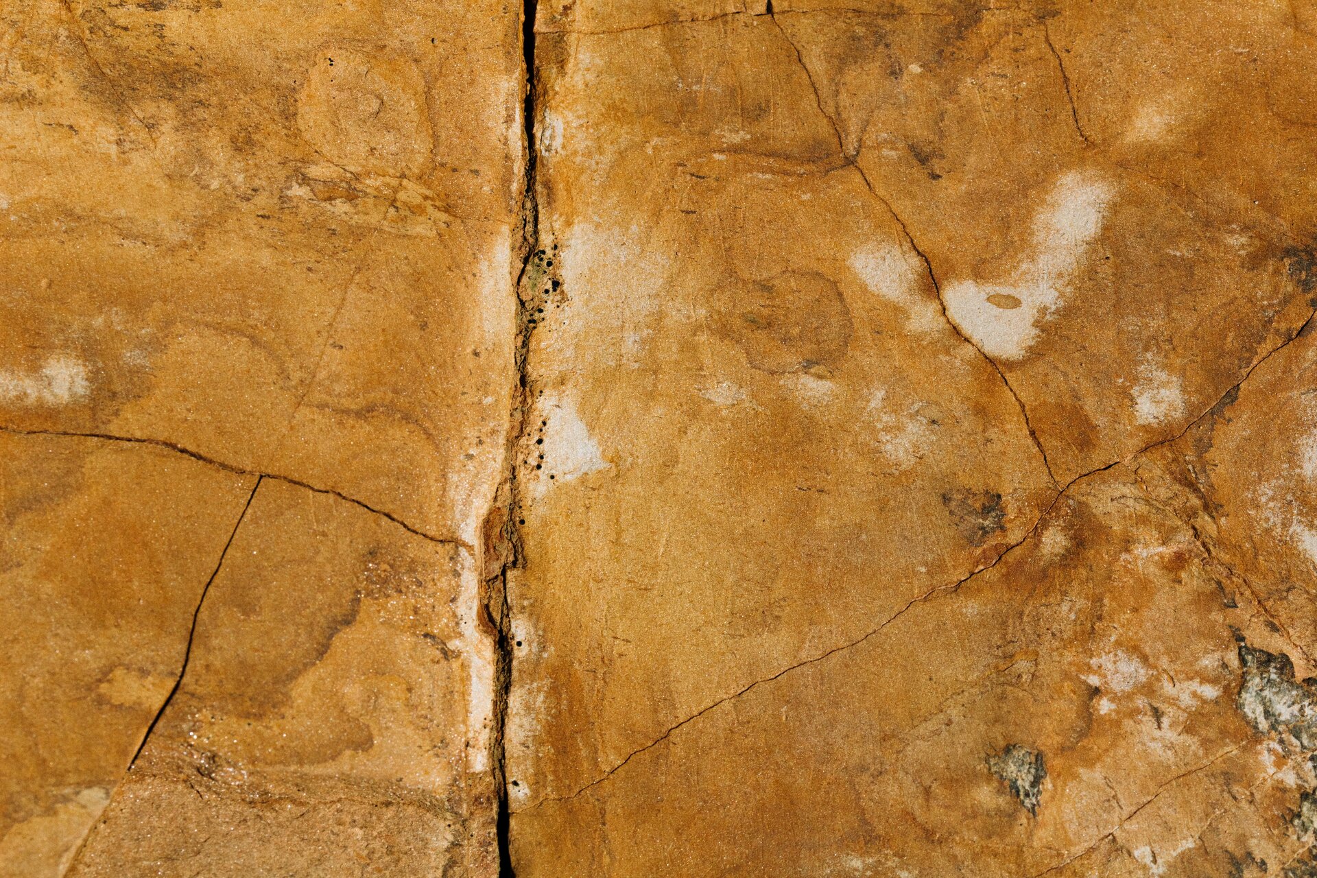 Zdjęcie przedstawia fakturę kamienia przed odłutowaniem. Ciemnopomarańczowy materiał posiada kilka sporych naturalnych pęknięć i przebarwień.