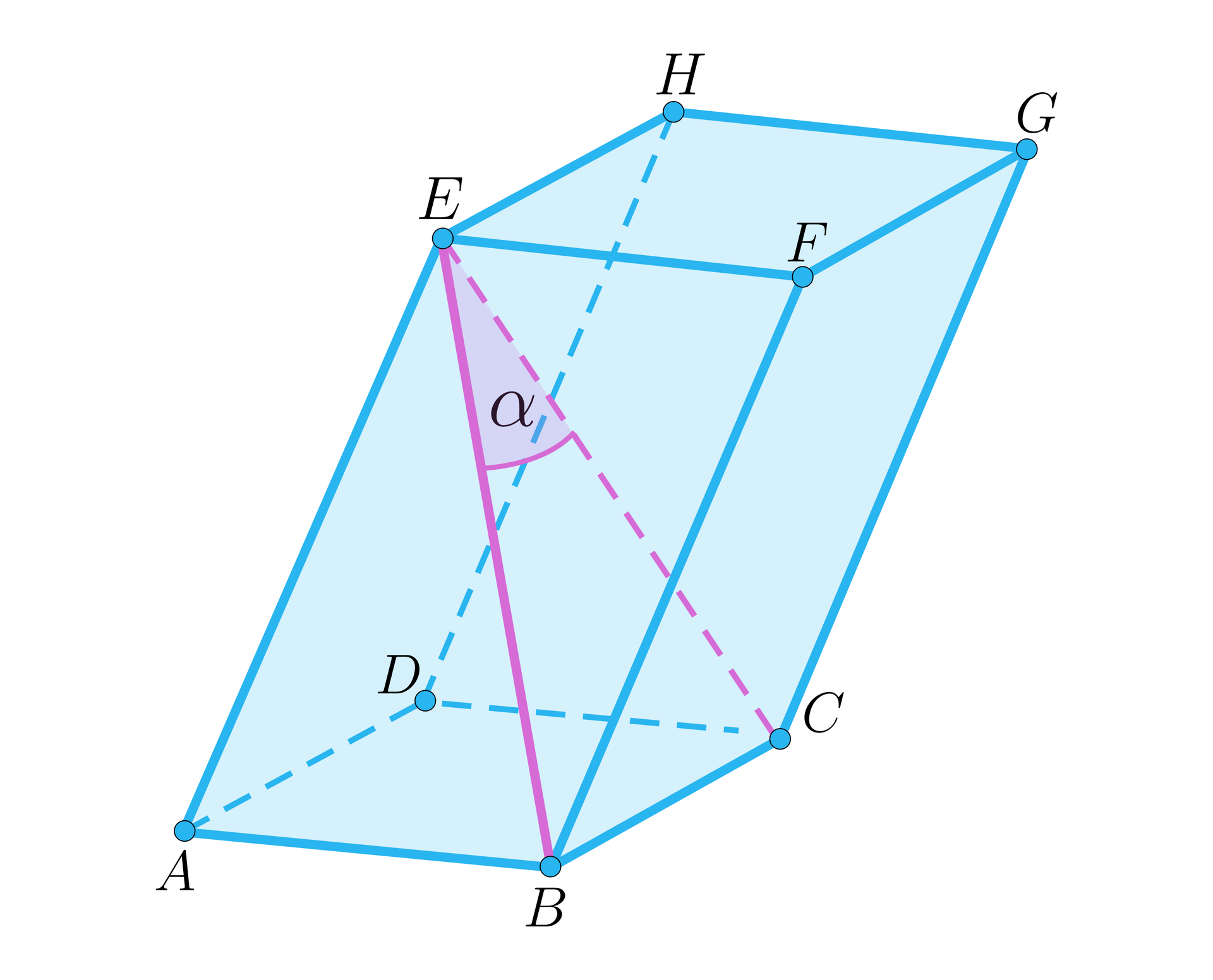 Ilustracja przedstawia graniastosłup pochyły A B C D E F G H. Zaznaczono na nim kąt B E C między przekątną graniastosłupa a przekątną ściany bocznej.