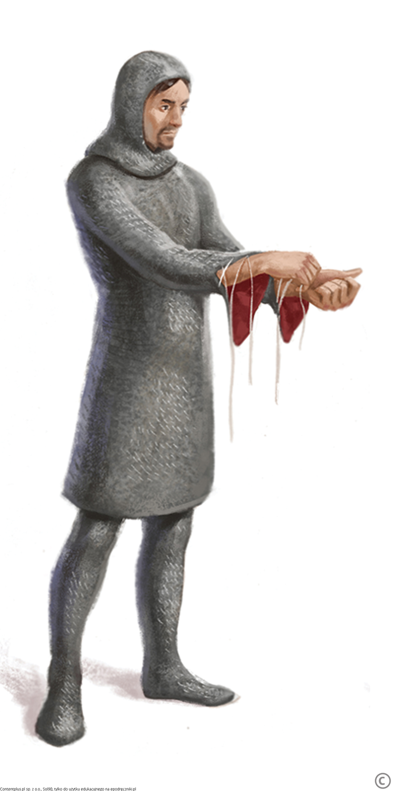 Na rysunku stoi rycerz. Ubrany jest w koszulę, nogawicę i czepiec nasunięty na głowie. Wszystkie elementy zrobione są z plecionki kolczej. 