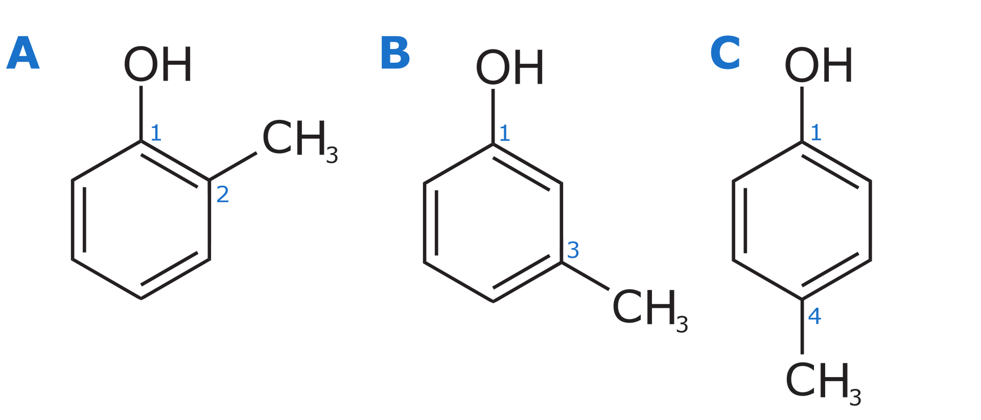 Na ilustracji wzory półstrukturalne krezoli. Wzór A: sześcioczłonowy pierścień z trzema wiązaniami podwójnymi łączy się u góry przy pierwszym atomie węgla wiązaniem pojedynczym z grupą O H, a przy drugim atomie węgla z grupą metylową., Wzór B: sześcioczłonowy pierścień z trzema wiązaniami podwójnymi łączy się na górze przy pierwszym atomie węgla z grupą O H, a przy trzecim atomie węgla z grupą metylową., Wzór C: sześcioczłonowy pierścień z trzema wiązaniami podwójnymi łączy się u góry przy pierwszym atomie węgla z grupą O H, a przy czwartym atomie węgla na dole pierścienia z grupą metylową.
