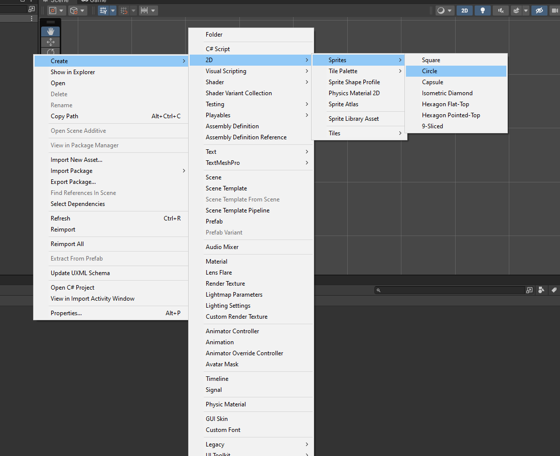 Ilustracja przedstawia cztery listy. Kolejno wybrano: z pierwszej Create, z drugiej 2D, z kolejnej Sprites i kolejno Circle. 