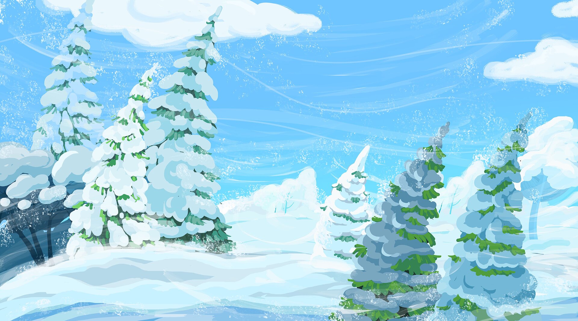 Na ilustracji wieje wiatr, który wygina drzewa.