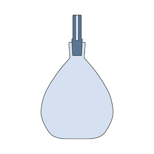 Ilustracja przedstawia szklane naczynie laboratoryjne. Jest one kształtem zbliżone do pękatej butelki z wąską szyjką, a którą włożony jest korek szlifowy z zatopioną rurką kapilarną.