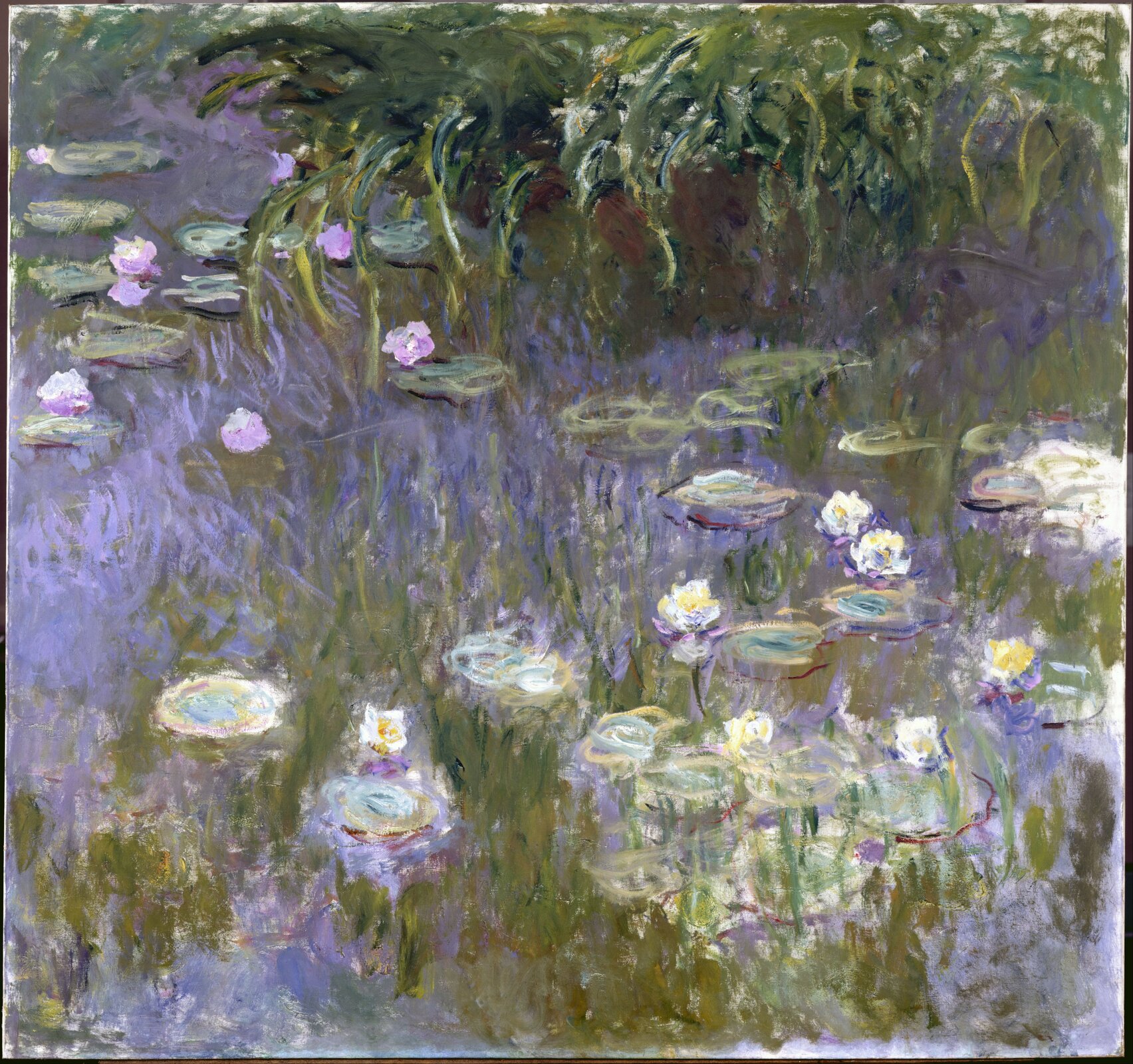 Obraz autorstwa Claude Monet, pod tytułem: „Lilie wodne”. Dzieło przedstawia białe oraz fioletowe lilie wodne. Nad nimi ukazany jest fragment zielonej roślinności. W tafli wody odbija się błękitne niebo. 
