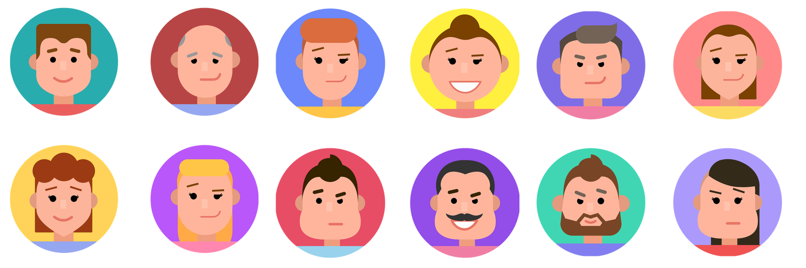 Kolorowa grafika przedstawia, ułożone w dwóch rzędach po sześć, dwanaście twarzy ludzi w różnym wieku. Rysunki są szablonowe, wszystkie postacie mają czarne oczy, prostokątne nosy i półokrągłe uszy. Pierwszy rząd od lewej: 1. uśmiechnięty chłopiec o krótkich, brązowych włosach, 2. mężczyzna z uniesionym kącikiem ust, z łysiną na czubku głowy, siwych włosach nad skroniami i siwych brwiach, 3. dziewczyna z uniesionym kącikiem ust, o długich rzęsach, rudych włosach i podwiniętej grzywce, 4. uśmiechnięta dziewczyna o długich rzęsach, ciemnych włosach spiętych w kok na czubku głowy i biały zębach, 5. mężczyzna z uniesionym kącikiem ust, o ciemnych włosach i grzywce, 6. dziewczyna z uniesionym kącikiem ust, o długich rzęsach i brązowych, prostych włosach sięgających połowy szyi. Drugi rząd od lewej: 1. uśmiechnięta dziewczyna o długich rzęsach, prostych włosach sięgających połowy szyi i grzywce ułożonej w trzy loczki, 2. dziewczyna z uniesionym kącikiem ust, o długich rzęsach, prostych, długich, blond włosach i podwiniętej grzywce, 3. chłopiec o poważnym wyrazie twarzy, czarnych włosach i zawijającej się w lok grzywce, 4. mężczyzna o czarnych włosach, czarnych wąsach i szerokim uśmiechu, 5. uśmiechnięty mężczyzna o brązowych włosach i zawijającej się w lok grzywce, brązowej brodzie i wąsach, 6. dziewczyna o poważnym wyrazie twarzy, długich rzęsach, prostych, długich, czarnych włosach i zaczesanej na bok grzywce. Każda z twarzy jest umieszczona na kolorowym tle. 