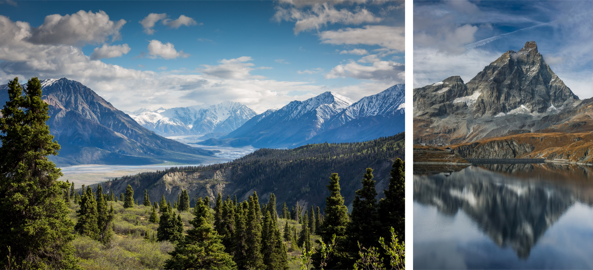 Ilustracja składa się z dwóch zdjęć przedstawiających krajobraz górski. Na zdjęciu po lewej widoczne są szczyty gór oraz lasy. Na zdjęciu po prawej widoczne jest jezioro oraz szczyty górskie.