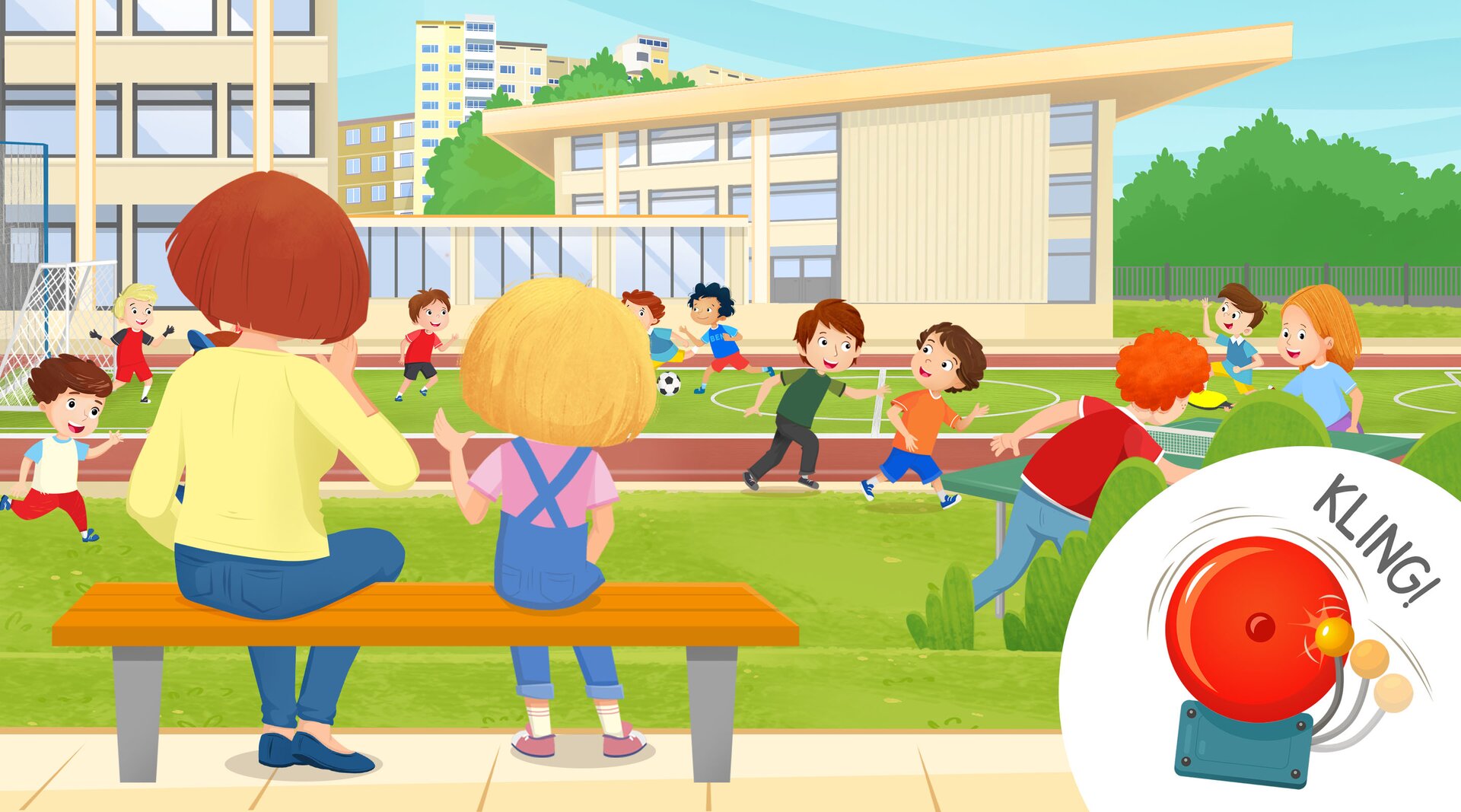 Ilustracja przedstawia dzieci biegające po boisku szkolnym. Na ławce przy boisku siedzi nauczycielka i uczennica. Obok znajduje się rysunek dzwonka szkolnego.