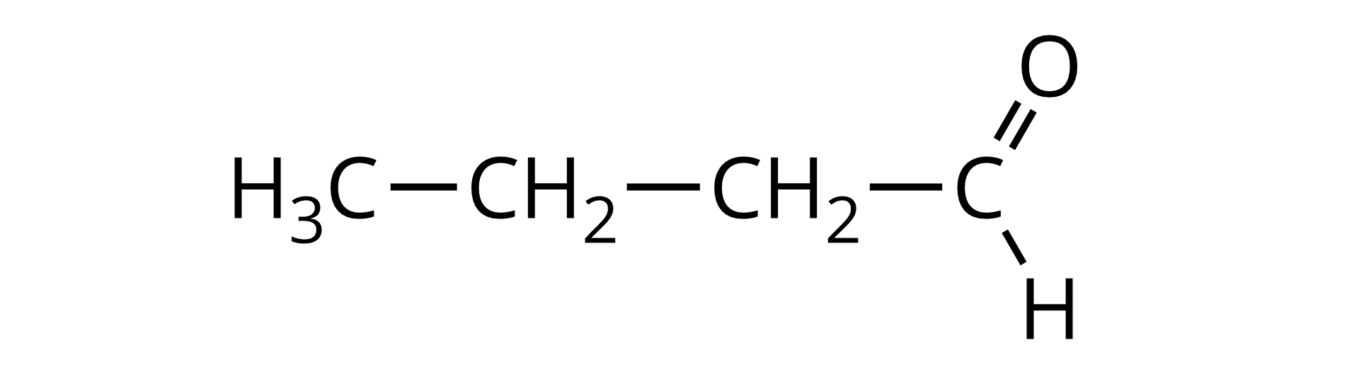 Ilustracja przedstawia wzór półstrukturalny butanalu. Do grupy aldehydowej CHO poprzez atom węgla przyłączona jest grupa propylowa.
