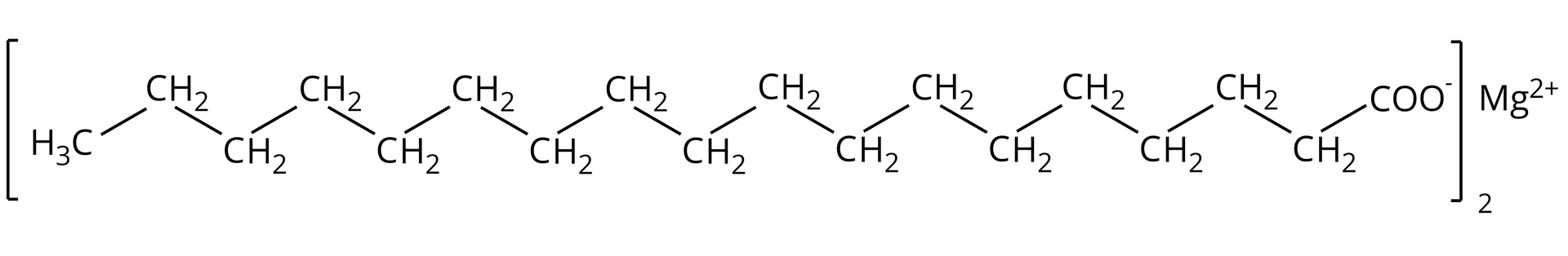 Ilustracja przedstawiająca wzór półstrukturalny oktadekanianiu magnezu o strukturze składającej się z kationu magnezowego Mg2+ oraz dwóch anionów oktadekanianowych zbudowanych z grupy CH3 związanej z łańcuchem utworzonym z szesnastu liniowo połączonych grup CH2. z których ostatnia związana jest grupą COO-. Anion znajduje się w nawiasie kwadratowym, względem którego w indeksie dolnym znajduje się cyfra dwa.