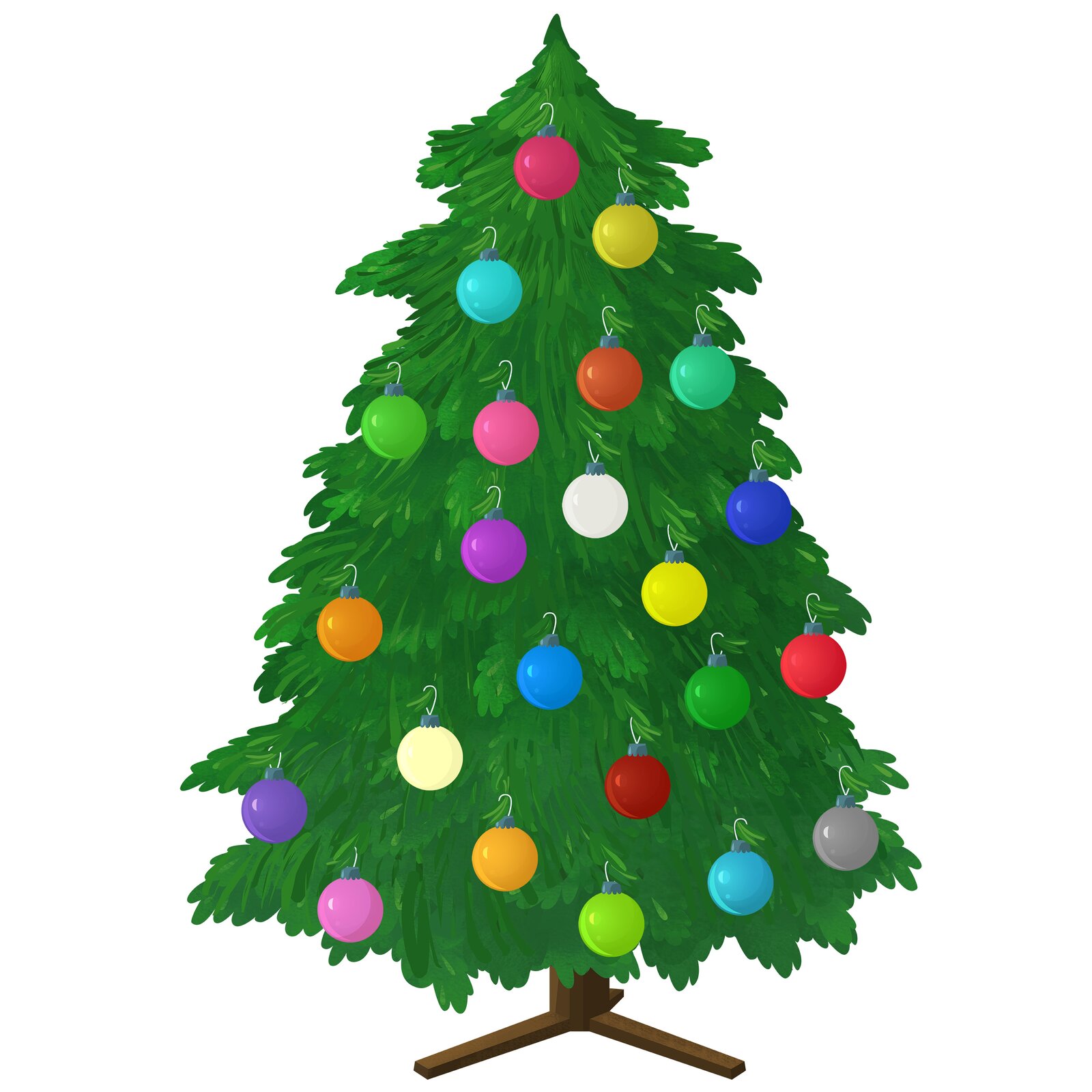 Ilustracja przedstawia choinkę udekorowana bombkami. Jest ich dwadzieścia trzy.