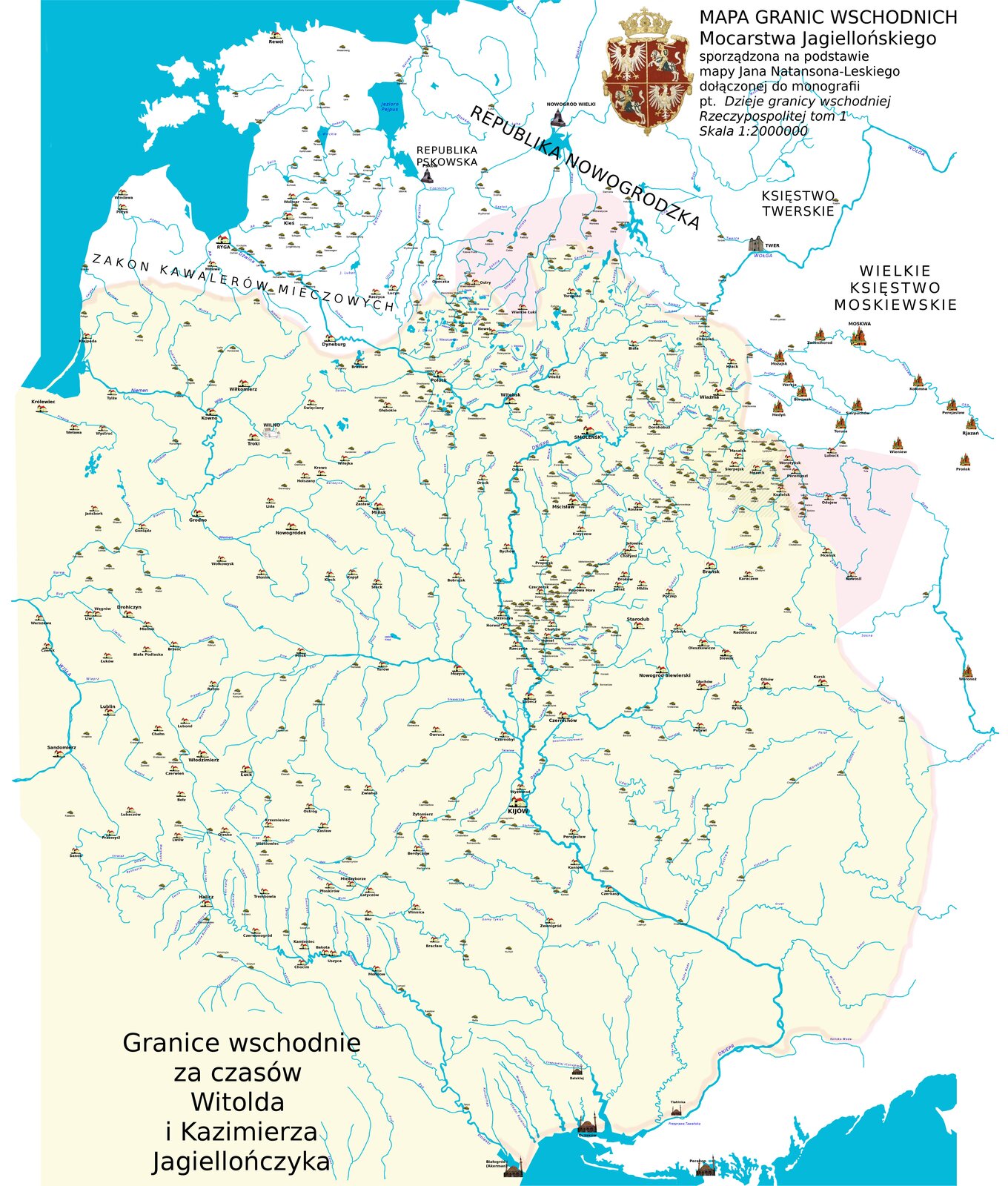 Mapa przedstawia ziemie Wielkiego Księstwa Litewskiego. Mapa granic wschodnich Mocarstwa Jagiellońskiego sporządzona na podstawie mapy Jana Natansona Leskiego dołączonej do monografii pod tytułem Dzieje granicy wschodniej Rzeczypospolitej tom pierwszy. Skala jeden do 2000000. Na mapie zaznaczone są zamki i twierdze na tych terenach, między innymi w Kijowie, Smoleńsku, Połocku, Grodnie, Mińsku. Ich największe skupienie miało miejsce na granicy wschodniej Księstwa, szczególnie przy granicy z Wielkim Księstwem Moskiewskim, oraz w jego centralnej części. Sąsiadem Wielkiego Księstwa Litewskiego od północnej granicy był Zakon Kawalerów Mieczowych. Dalej na wschód była Republika Pskowska, Republika Nowogrodzka, Księstwo Twerskie, Wielkie Księstwo Moskiewskie.
