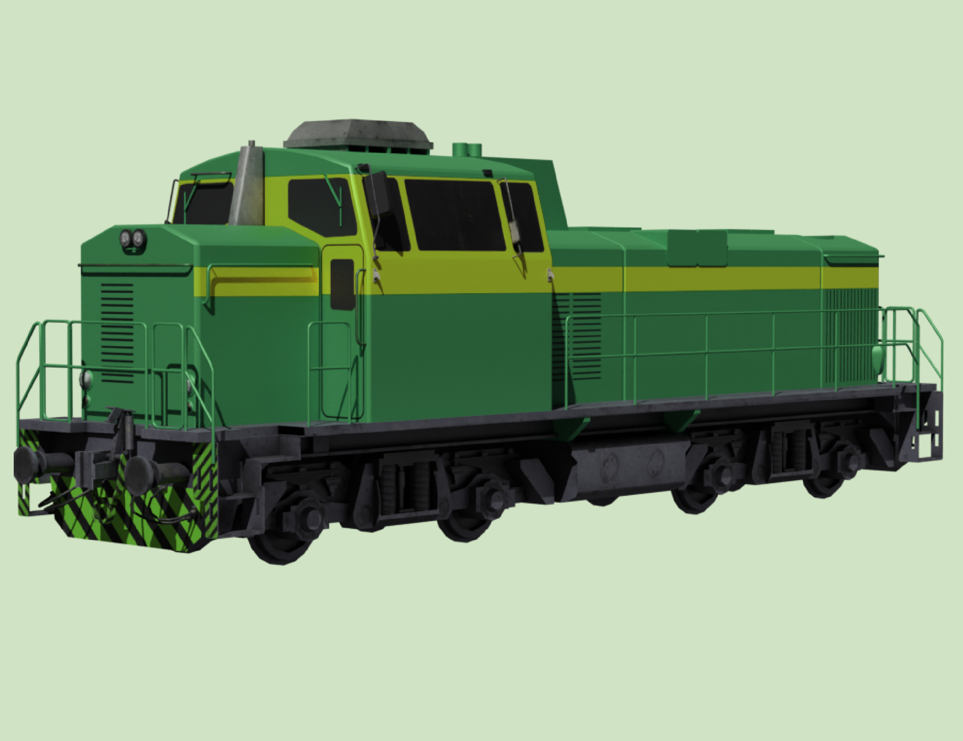 Grafika przedstawia lokomotywę manewrową. W jednej trzeciej długości lokomotywy znajduje się kabina. Wzdłuż lokomotywy jest również zabezpieczony balustradą pomost dla załogi.