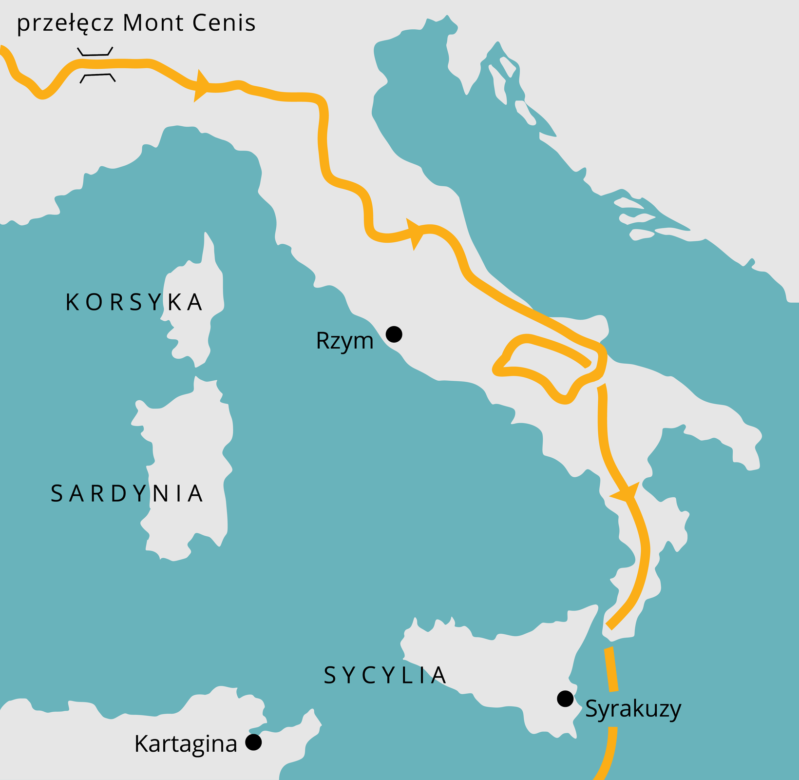 Mapa przedstawia trasę z północnych rejonów Włoch, przez przełęcz Mont Cenis, przez teren całych Włoch, aż na cypel, przez morze, obok Syrakuz na Sycylii. 