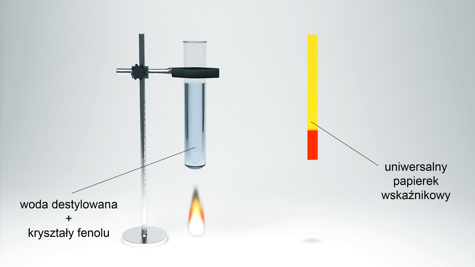 Ilustracja przedstawiająca statyw laboratoryjny z metalową łapą, w której umieszczono probówkę. W probówce znajduje się woda destylowana oraz kryształy fenolu. Pod probówką znajduje się płomień palnika. Obok statywu znajduje się uniwersalny papierek wskaźnikowy po wyjęciu z wnętrza probówki. Na dole jest zabarwiony na czerwono.  