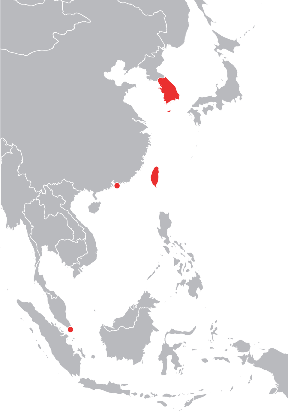 Mapa fragmentu Azji, na której zaznaczone są: Korea Południowa, Tajwan, Singapur i Hongkong.