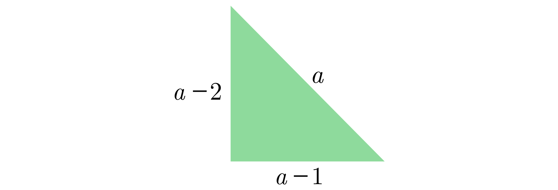 Trójkąt prostokątny o bokach różnej długości. Przeciwprostokątna ma wartość a, przyprostokątna pozioma ma wartość a‑1, natomiast przyprostokątna pionowa a‑2. Trójkąt jest w kolorze zielonym.