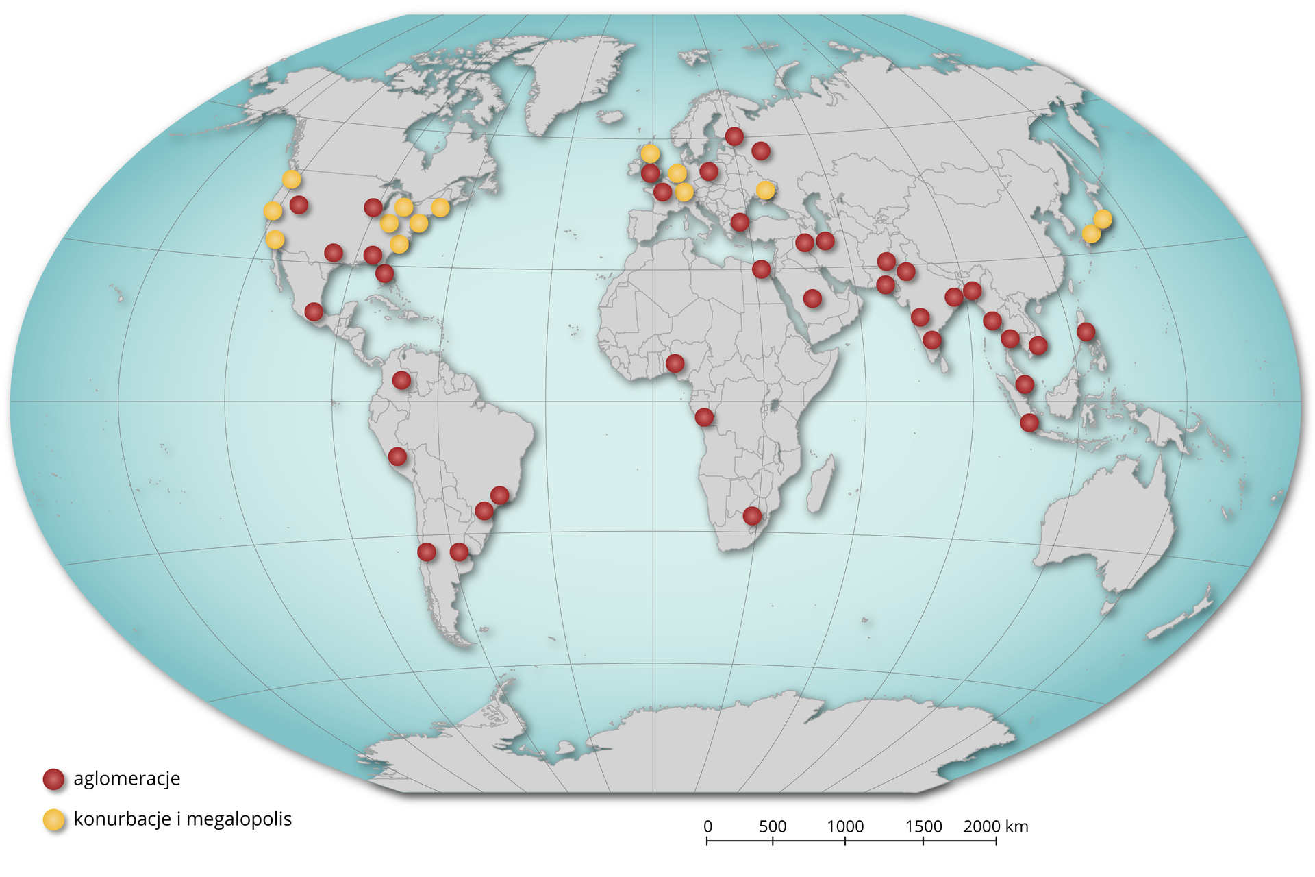 Mapa przedstawia największe aglomeracje, konurbacje oraz megalopolis na świecie. Aglomeracje zaznaczone są czerwonymi punktami na mapie, a konurbacje i megalopolis punktami w kolorze żółtym. Najwięcej aglomeracji znajduje się w południowo-zachodniej Azji, w centralnej Europie, na południowym i wschodnim wybrzeżu Stanów Zjednoczonych, na wschodnim i zachodnim wybrzeżu Ameryki Południowej, oraz na południu i wschodzie Afryki. Konurbacje i megalopolis znajdują się w Japonii, centralnej Europie oraz na wschodnim i zachodnim wybrzeżu Stanów Zjednoczonych.