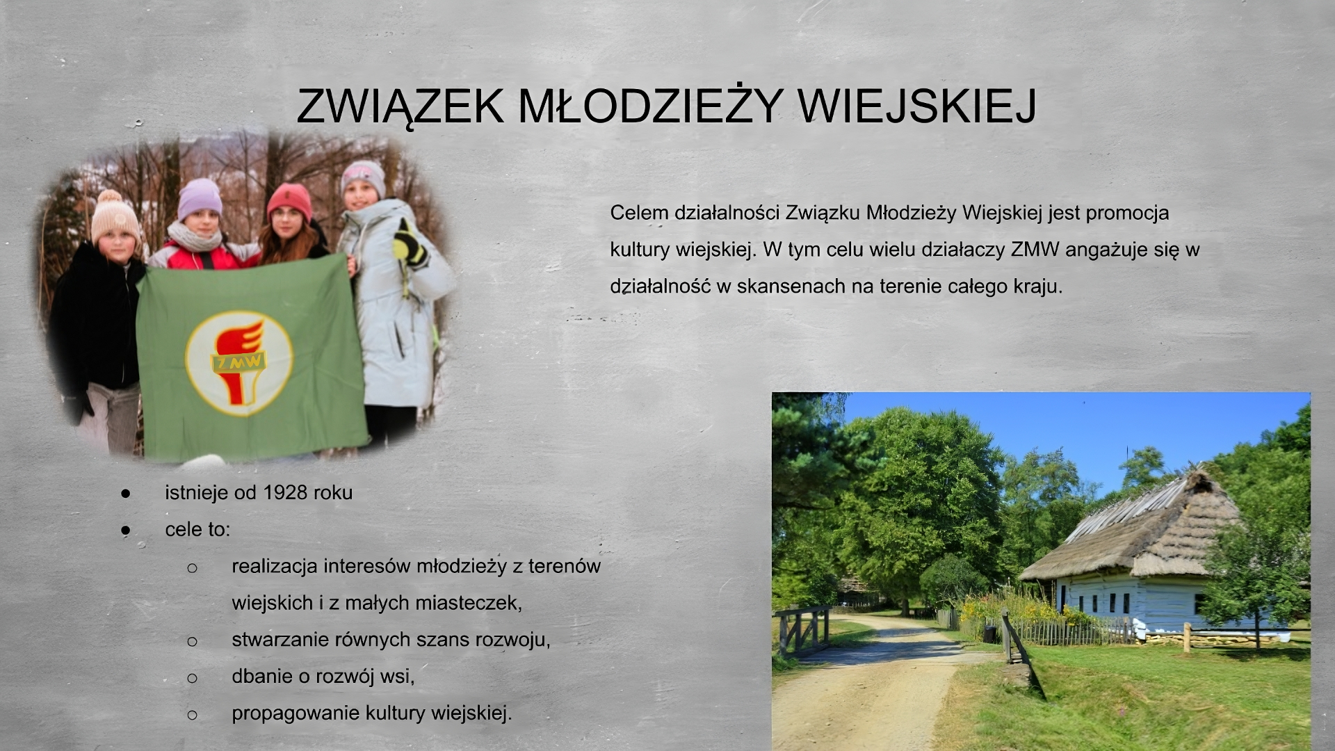 Slajd przedstawia szare tło, na górze tytuł: ZWIĄZEK MŁODZIEŻY WIEJSKIEJ. Po lewej stronie zdjęcie przedstawiające cztery dziewczyny ubrane w zimowe kurtki, czapki i rękawiczki trzymające zielony sztandar ze znakiem zmw na środku, którym jest pochodnia stworzona z biało czerwonej rękojeści, żółtych liter z m w w zielonym prostokącie oraz czerwonego płomienia na górze. Pod zdjęciem wypunktowania: - istnieje od 1928 roku, - cele to: - realizacja interesów młodzieży z terenów wiejskich i z małych miasteczek, - stwarzanie równych szans rozwoju, - dbanie o rozwój wsi, - propagowanie kultury wiejskiej. Po prawej stronie planszy napis: Celem działalności Związku Młodzieży Wiejskie jest promocja kultury wiejskiehj, W tym celu wielu działaczy ZMW angażuje się w działalność w skansenach na terenie całego kraju. Poniżej zdjęcie przedstawiające po lewej stronie piaszczystą drogę, po prawej stronie biały drewniany dom ze strzechą. W tle drzewa.