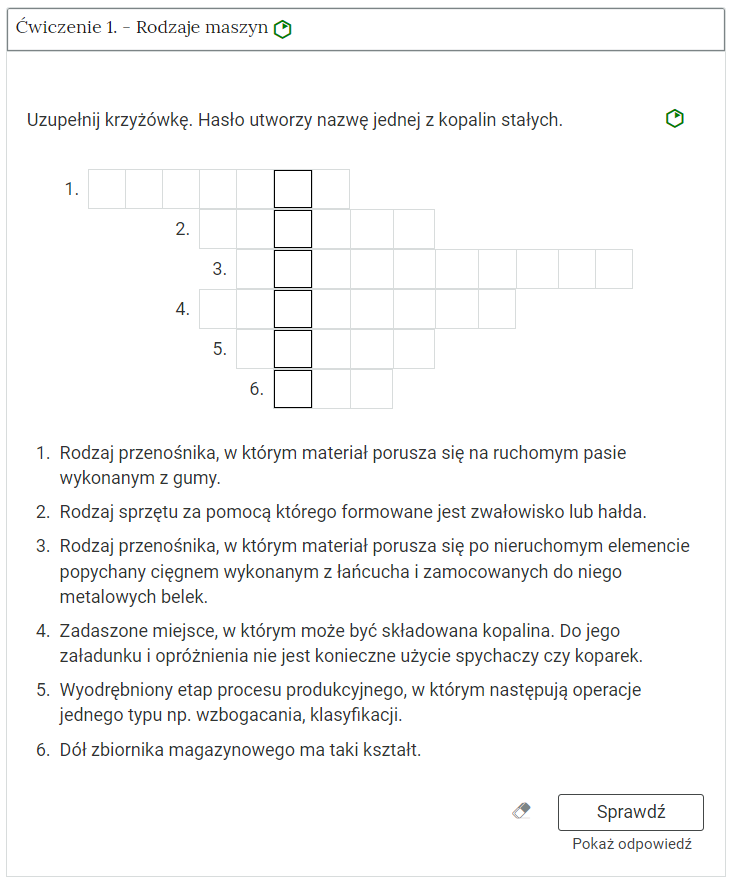 Zdjęcie przedstawia otwartą zakładkę z przykładowym zadaniem. Pod nazwą zakładki znajduje się polecenie. Pod poleceniem widać treść zadania z odpowiedziami do wyboru. Po prawej stronie polecenia widać zielony sześciokąt. Poniżej zadania, po prawej stronie panelu znajduje się ikona sprawdź. Po jej lewej stronie widać symbol gumki. Poniżej przycisku sprawdź znajduje się napis pokaż odpowiedź.