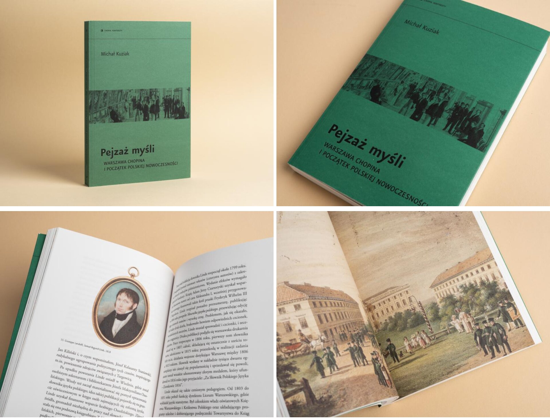 Cztery fotografie przedstawiające cztery różne ujęcia książki, która ma okładkę w kolorze zielonym. Dwie pierwsze fotografie przedstawiają okładkę książki pod dwoma różnymi kątami - stojąca książka oraz leżąca. Kolejne zdjęcie przedstawia miniaturę męskiego portretu zamieszczonego w omawianej książce. Ostatnie zdjęcie to reprodukcja obrazu zamieszczona w tejże książce, przedstawiająca postacie w mundurach na tle budynków i biało‑czerwonego słupa granicznego. Wśród postaci widoczne są również dzieci.