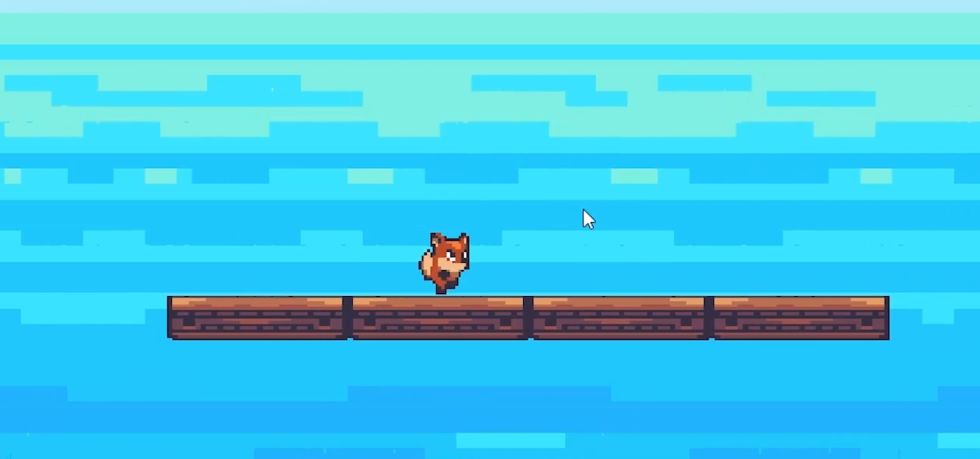 Ilustracja przedstawia panel programu  Unity Hub  z projektem gry platformowej. Widoczne jest niebieskie niebo oraz długa, drewniana platforma złożona z czterech części, umiejscowiona pośrodku planszy. Znajduje się na niej postać lisa, który idzie w prawą stronę. 