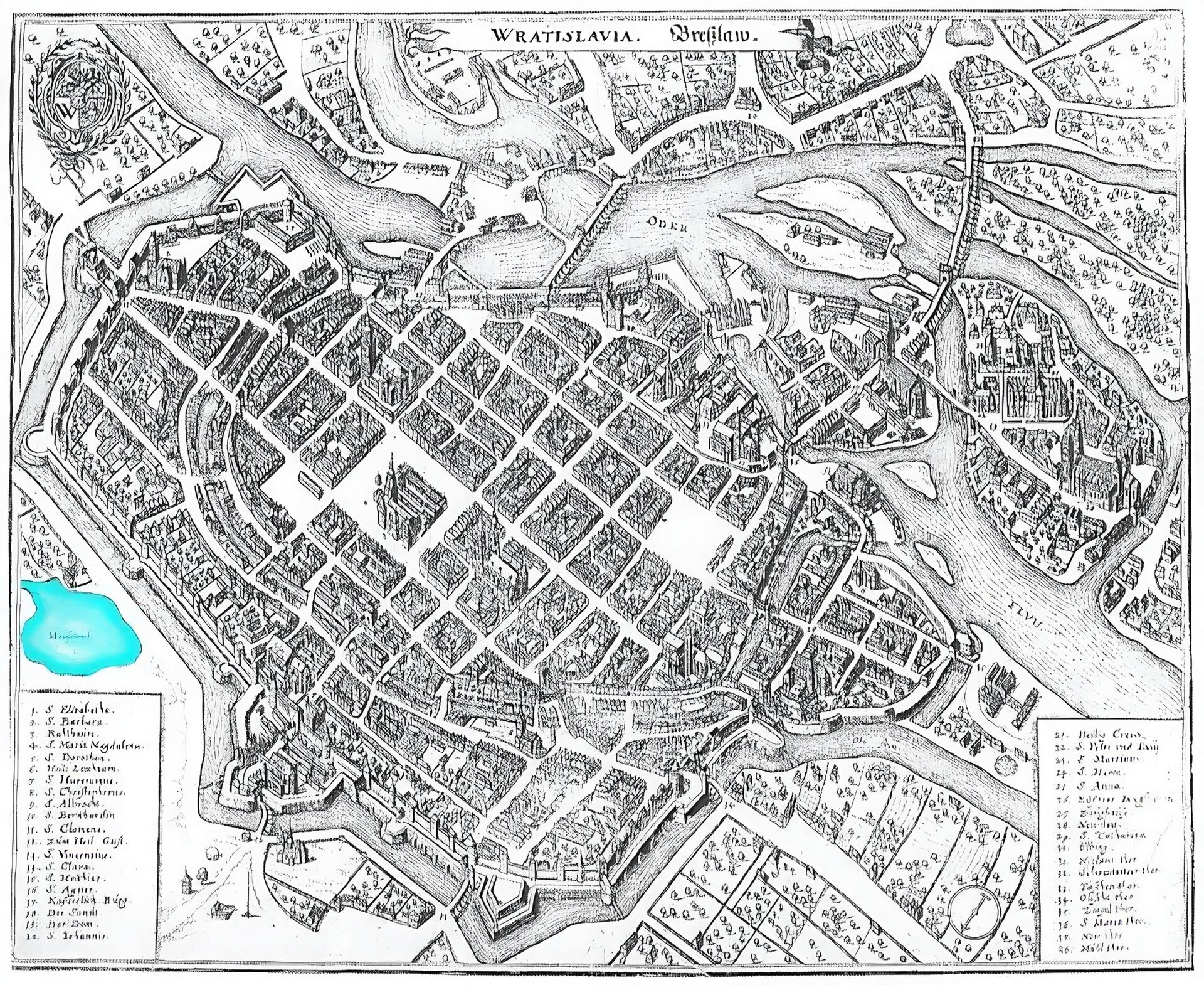Ilustracja przedstawia plan miasta Wrocławia z XVII w. W centralnej części widoczny rynek miejski z ratuszem, od którego prostopadle, następnie równolegle prowadzone są ulice w stronę murów miejskich, dzielące kamienice na parcele. Wieloboczna konstrukcja murów z bastionami otacza zabudowę Wrocławia, miasto opływa także rzeka Odra. W górnej części ilustracji widoczne są wysepki z zabudową, do których prowadzą mosty. Miasto okalają pola uprawne, łąki i nieużytki. W dolnych narożnikach ilustracji widoczne objaśnienia obiektów w legendzie.