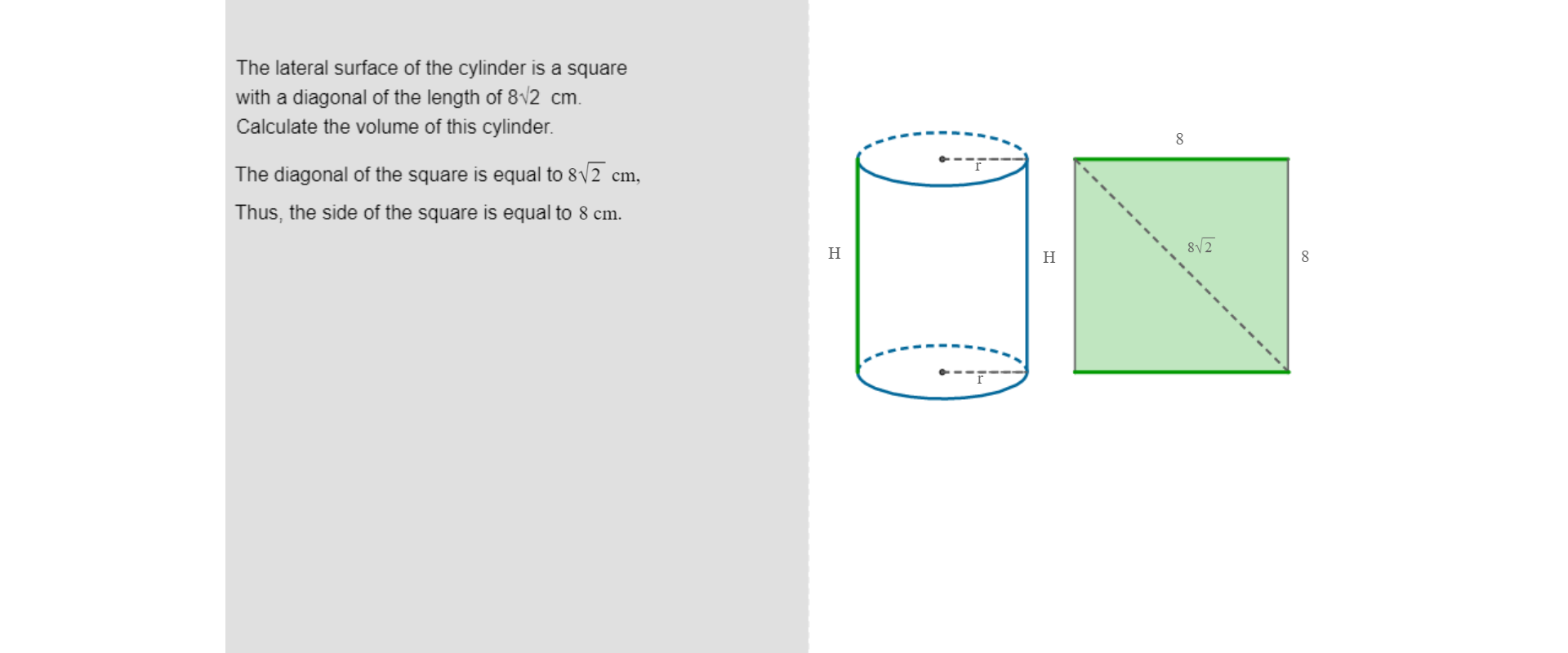 Po lewej stronie rysunku umieszczona jest treść zadania: The lateral surface of the cylinder is a square with a diagonal of the length of eight roots of two centimetres. Calculate the volume of this cylinder. The diagonal of the square is equal eight roots of two centimetres, thus, the side of the square is equal to eight centimetres. Po prawej stronie znajduje się rysunek walca. Na rysunku zaznaczone są: małą literą r, promień podstawy walca, wielką literą H - wysokość walca. Po prawej stronie walca narysowany jest kwadrat, w którym zaznaczono przekątną równą osiem pierwiastków z dwóch. Bok kwadratu oznaczony jest wielką literą H oraz liczbą osiem.