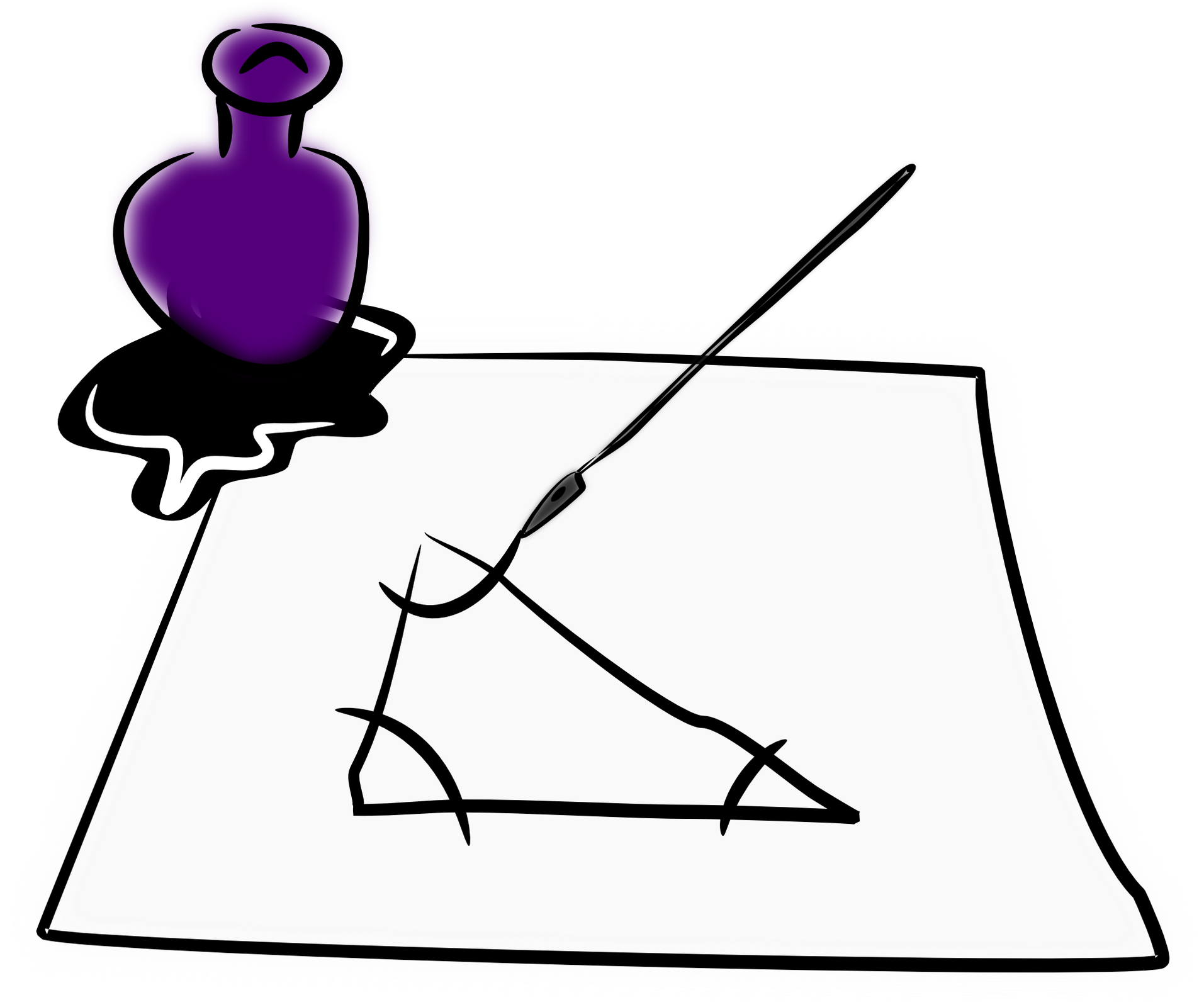 Na ilustracji znajduje się namalowany czarnym atramentem trójkąt prostokąty. Po lewej stronie stoi fioletowy kałamarz, pod którym jest plama atramentu.