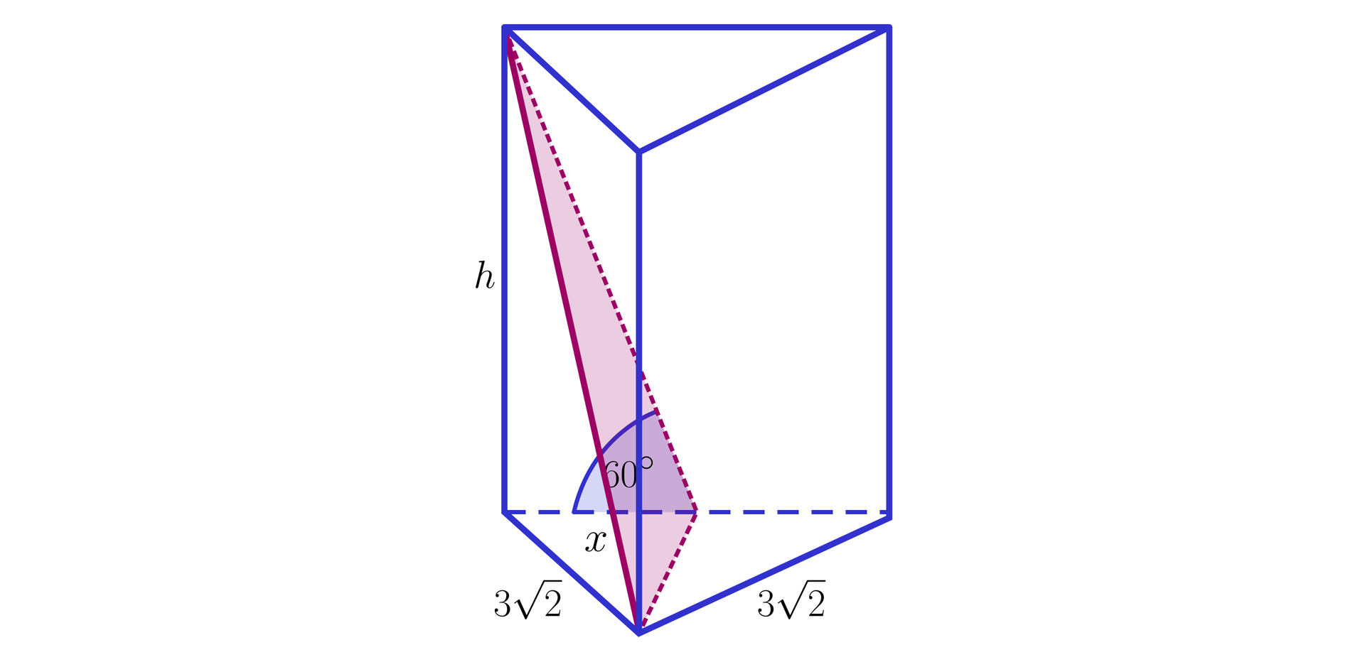 Ilustracja przedstawia graniastosłup prawidłowy trójkątny. Poprowadzono przekrój przechodzący przez wysokość dolnej podstawy bryły i wierzchołek górnej podstawy. Zaznaczono kąt sześćdziesięciu stopni pomiędzy przekrojem a podstawą graniastosłupa. Na rysunku zaznaczono także wysokość bryły h oraz krawędź dolnej podstawy o długości trzy pierwiastki z dwóch. 