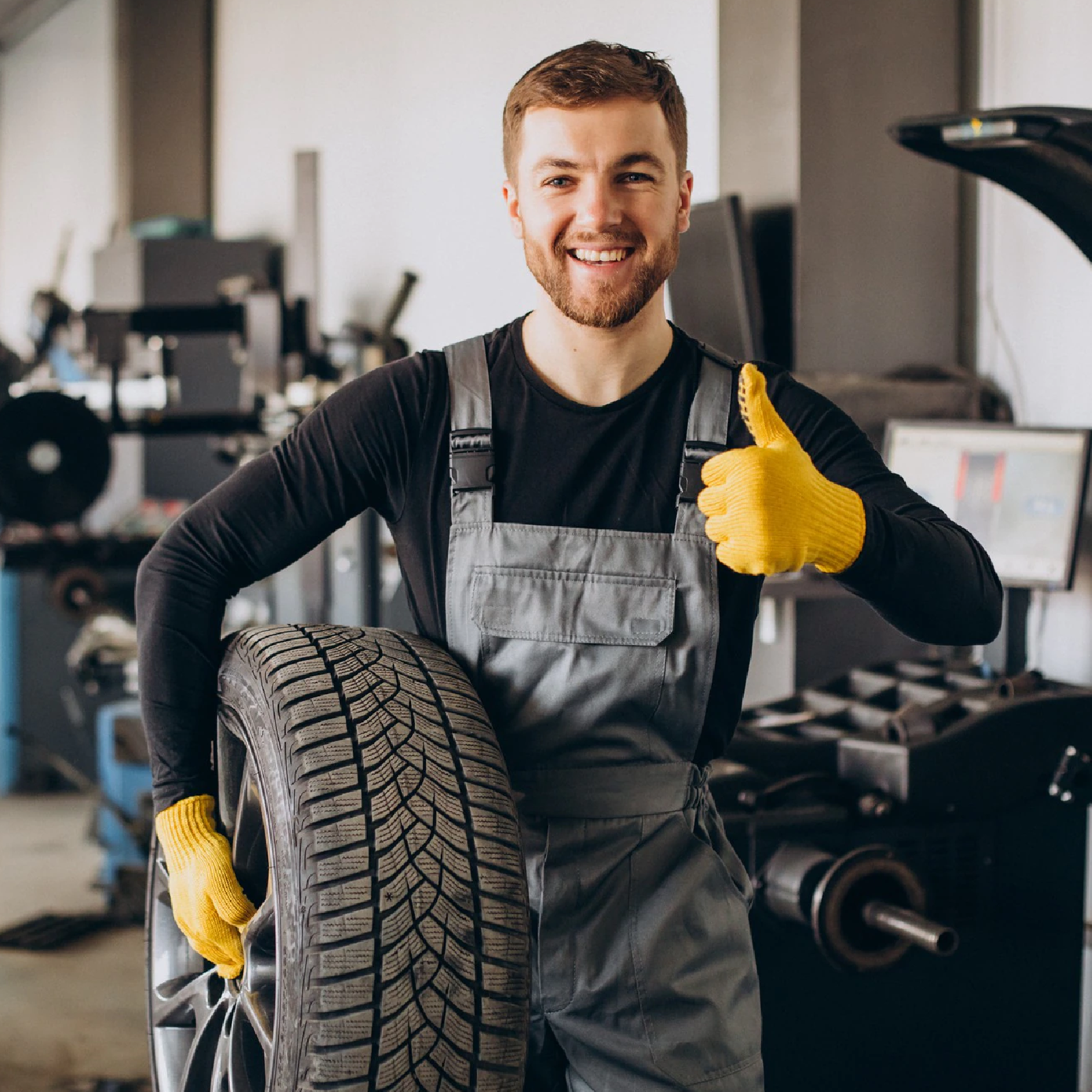 Ilustracja przedstawia mężczyznę, który jest mechanikiem samochodowym. Ubrany jest w ciemny kombinezon, w prawej ręce trzyma koło samochodowe. 
