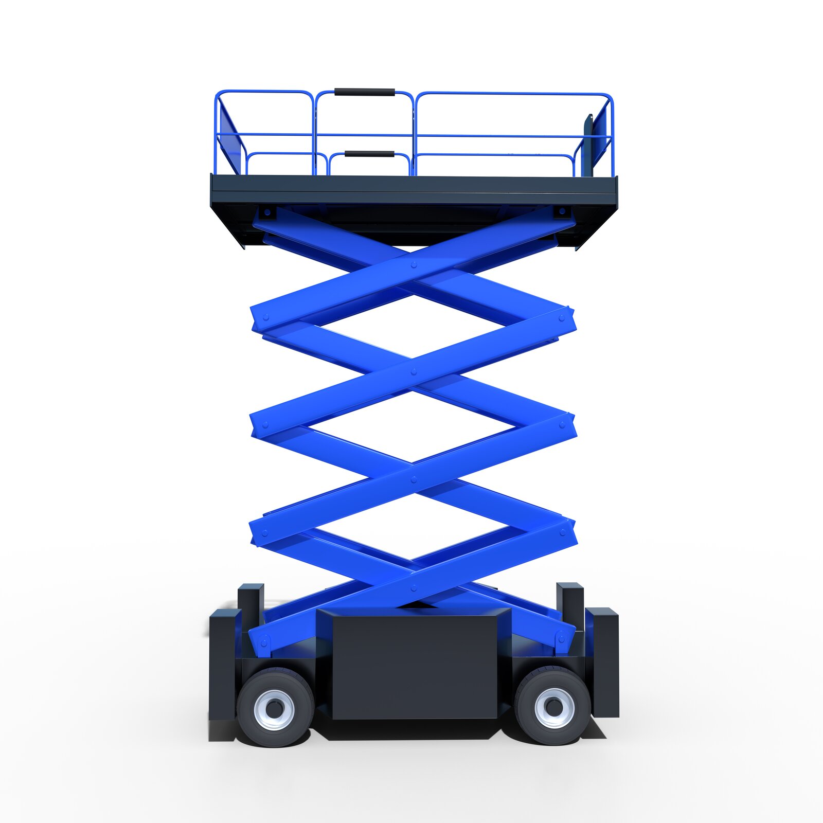 Wózek platformowy. Na konstrukcję wózka składa się platforma umieszczona na wysięgniku. Na dole konstrukcji znajdują się koła wózka.