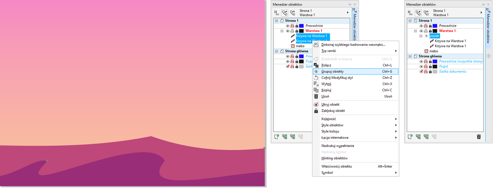 Zdjęcie przedstawia 2 "Menedżery obiektów" po prawej stronie: 1 okno po prawej: "Strona 1" (rozwinięte):   "Prowadnice",   na czerwono "Warstwa 1" (rozwinięte):     "Krzywa na Warstwa 1" (oznaczona),     "Krzywa na Warstwa 1" (oznaczona),     "niebo";     (koniec menu "Warstwa 1"),   (koniec menu "Prowadnice"), (koniec menu "Strona 1") "Strona główna" (rozwinięte):   "Prowadnice (wszystkie strony)",   "Pulpit",   "Siatka dokumentu", (koniec menu "Strona główna"). Z oznaczonych elementów ukazuje się menu, z wybraną opcją: "Grupuj obiekty". 2 okno po prawej: "Strona 1" (rozwinięte):   "Prowadnice",   na czerwono "Warstwa 1" (rozwinięte):     "pasek" (rozwinięte)       "Krzywa na Warstwa 1" (oznaczona),       "Krzywa na Warstwa 1" (oznaczona),       (koniec menu "pasek"),     "niebo";     (koniec menu "Warstwa 1"),   (koniec menu "Prowadnice"), (koniec menu "Strona 1") "Strona główna" (rozwinięte):   "Prowadnice (wszystkie strony)",   "Pulpit",   "Siatka dokumentu", (koniec menu "Strona główna"). Z oznaczonych elementów ukazuje się menu, z wybraną opcją: "Grupuj obiekty". Po lewej stronie przedstawiono obraz: Gradient kolorów od pomarańczowego do różowego, idący od dołu ku górze. Na gradiencie ułożono 2 kształty: 1 kształt jest ciemniejszy przypomina opadające fale morskie, 2 kształt jest lekko jaśniejszy, lecz nadal ciemniejszy od tła,   jest to prosta linia na górze, która wznosi się do pojedynczego wierzchołka znajdującego się po środku ekranu, następnie opada tak samo jak wzrostła.