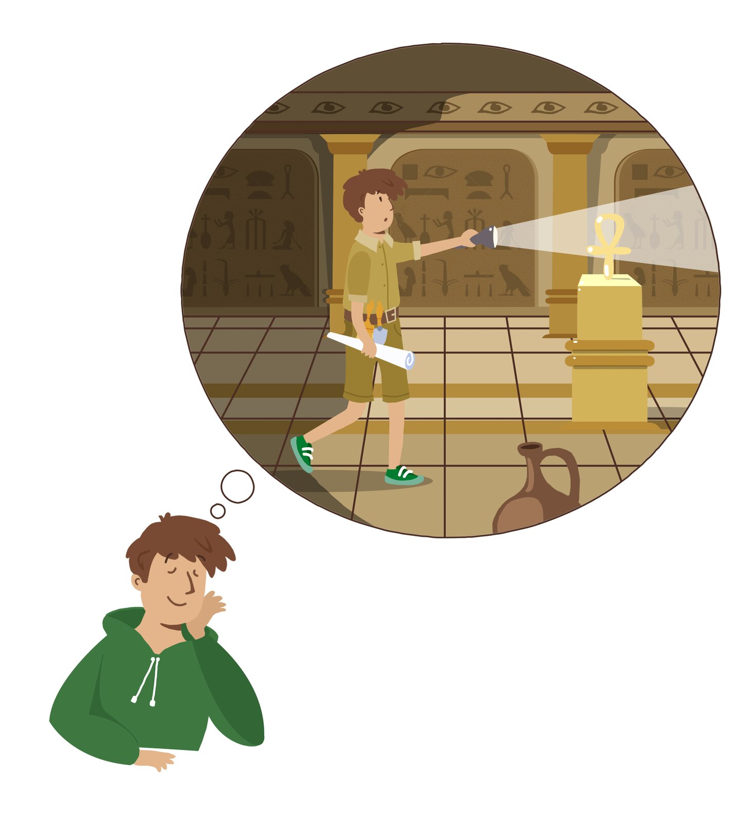 Ilustracja przedstawia Adama, który wyobraża sobie, że spaceruje we wnętrzu piramidy.