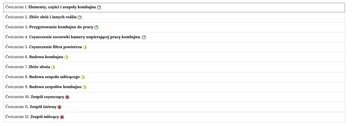 Grafika przedstawia przykładowy widok ogólny harmonii z dwunastoma interaktywnymi materiałami sprawdzającymi. Jest to kolumna z dwunastoma wierszami. Wewnątrz każdego z nich został umieszczony numer ćwiczenia wraz z nazwą działu, którego dotyczy. Z boku dodatkowo znajduje się ikonka w kształcie sześciokąta oznaczająca poziom trudności. Kolor zielony oznacza zadanie łatwe, żółty – zadanie o średnim poziomie trudności, czerwony – zadanie trudne. Po kliknięciu danego wiersza ukazuje się wybrane ćwiczenie.