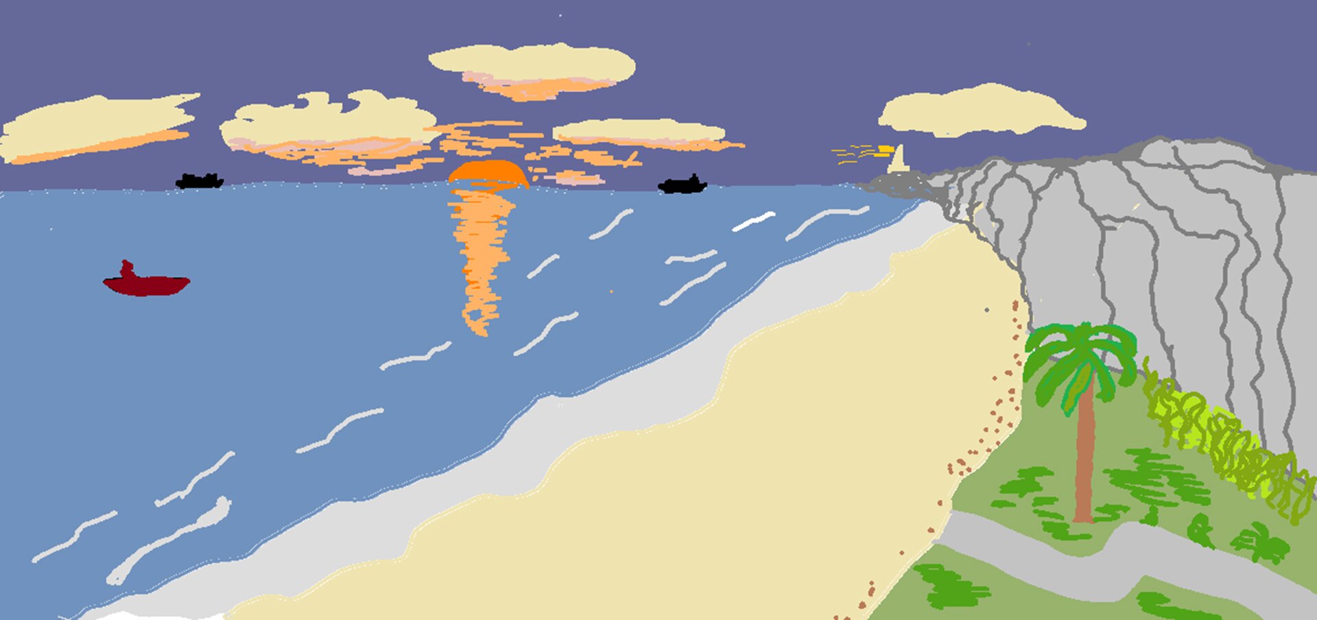 Ilustracja zrobiona w programie graficznym przedstawia zachód słońca nad morzem, piaszczystą plażę, góry i drogę w tropikalnym zagajniku. Po morzu pływają łodzie, na niebie widać chmury. 