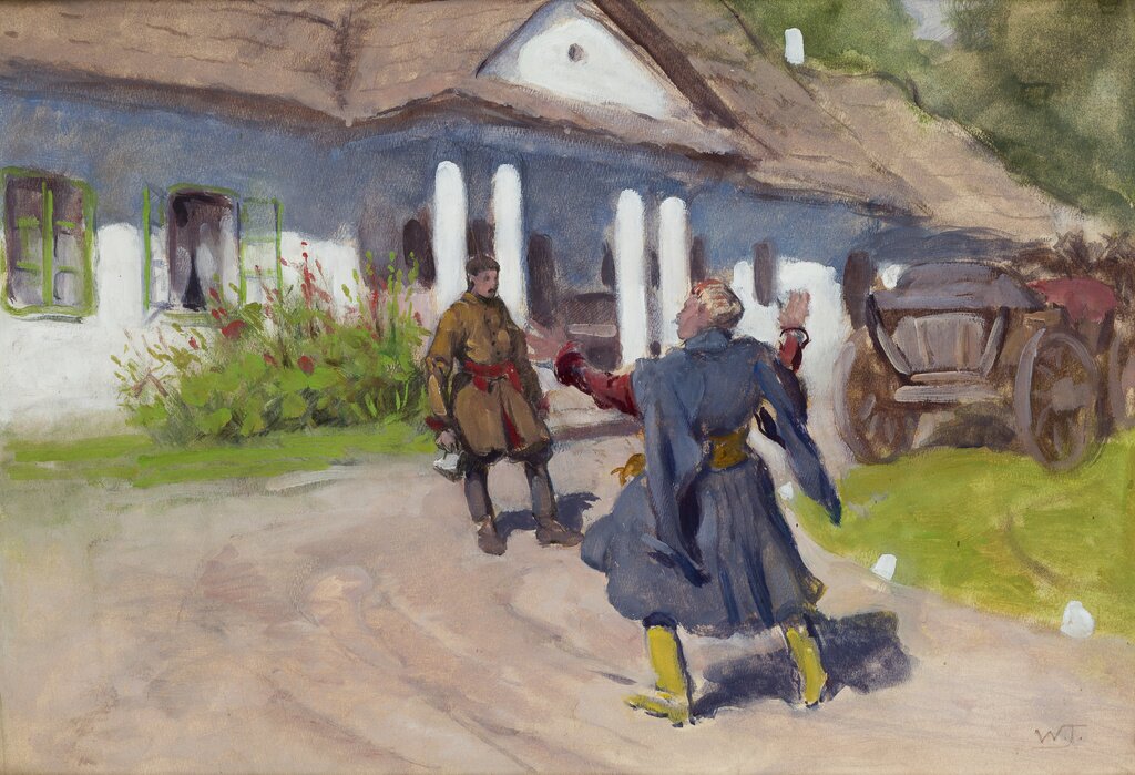 Barwna ilustracja namalowana pastelami przedstawia dworek szlachecki. Jest to jednokondygnacyjny budynek z pobielonymi ścianami. Pod oknami rosną malwy. Wejście zdobią cztery kolumny. Na pierwszym planie znajduje się piaszczysta droga, na której stoją dwaj mężczyźni. Młody mężczyzna jest zwrócony do nas przodem. Ma owalną twarz i krótkie włosy. Ubrany jest w płaszcz podróżny i spodnie. W prawej dłoni trzyma czapkę. Drugi mężczyzna, dojrzały, siwowłosy, ubrany w kontusz szlachecki otwiera szeroko ramiona w geście powitania. Jest odwrócony do nas tyłem, przodem do młodzieńca. Na nogach ma żółte buty z cholewami. Po prawej stronie, obok rozległego trawnika stoi drewniana bryczka.