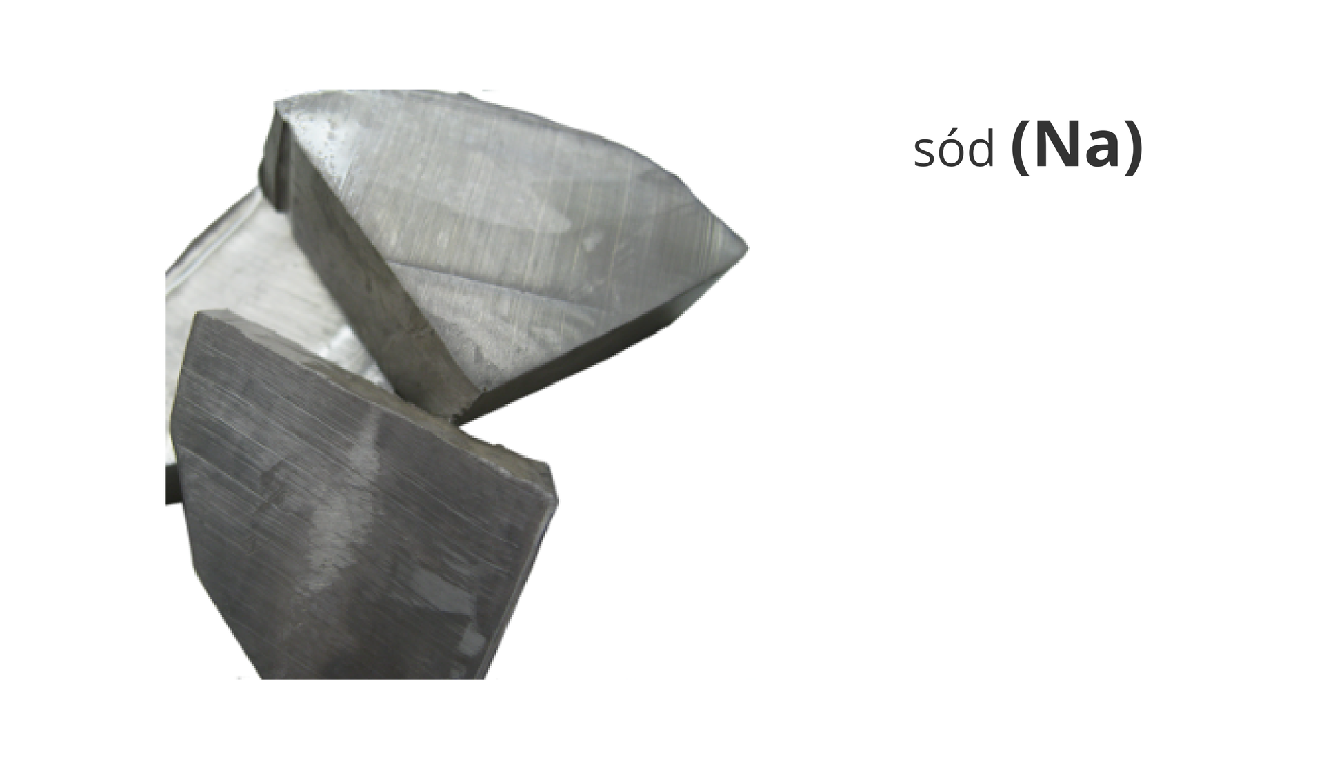 Zdjęcie przedstawia bryłki metalicznego sodu. Obok widnieje napis sód i jego symbol Na.