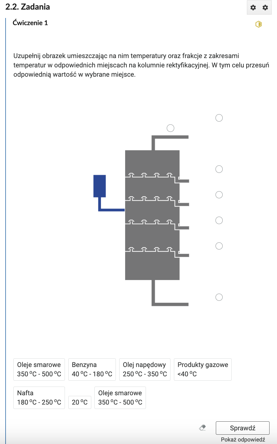 Ilustracja przedstawia przykładowe ćwiczenie z rozdziału Interaktywnych materiałów sprawdzających. Widoczna jest kolumna rektyfikacyjna, na której należy oznaczyć odpowiednie elementy. 