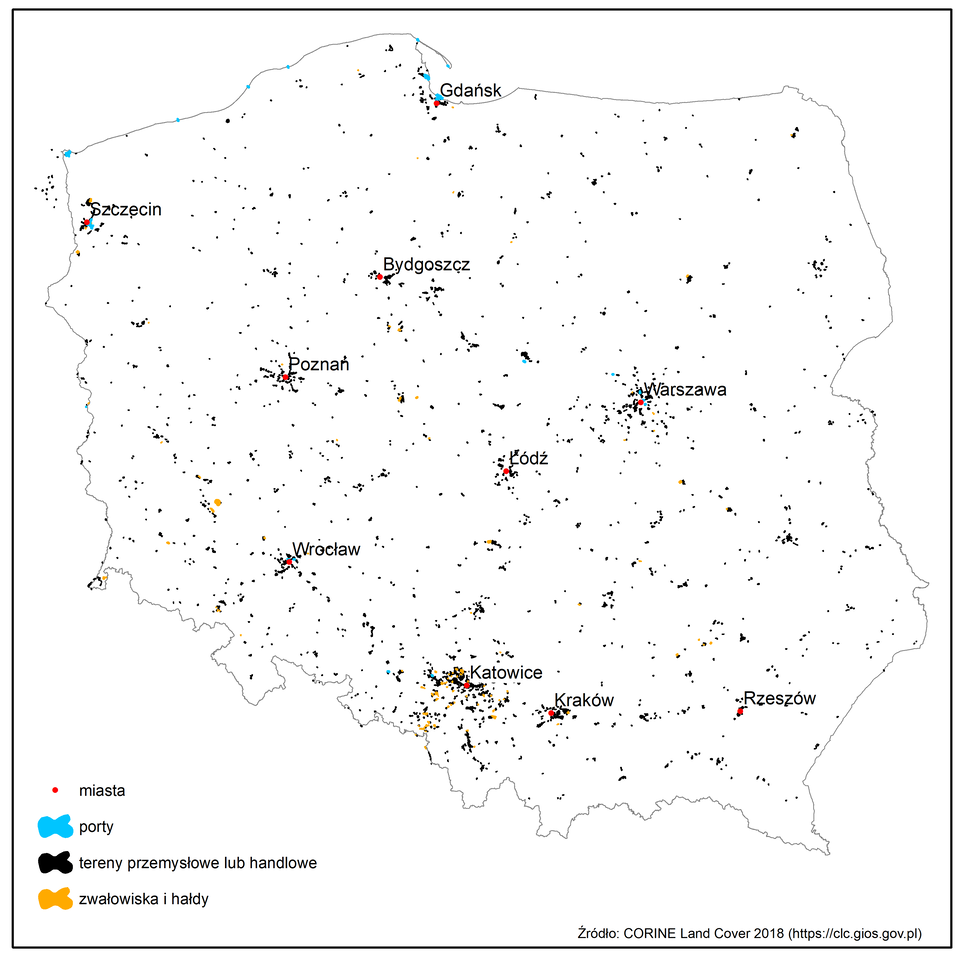 Na mapie Polski zaznaczono tereny przemysłowe. Występują głównie w dużych miastach: w Gdańsku, Szczecinie, Bydgoszczy, we Wrocławiu, w Warszawie, Łodzi,  w Katowicach, Krakowie i Rzeszowie. 