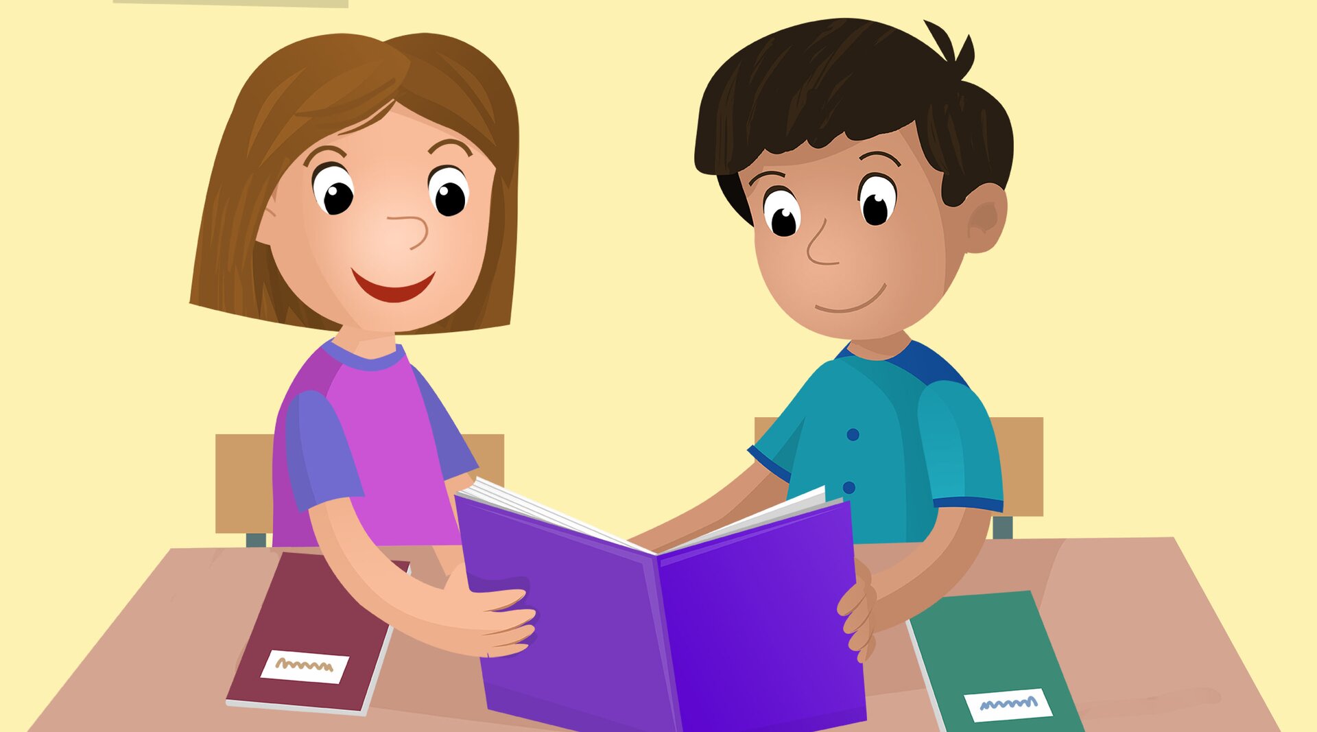Ilustracja dziewczynki i chłopca, którzy siedzą przy ławce szkolnej i uczą się wspólnie.