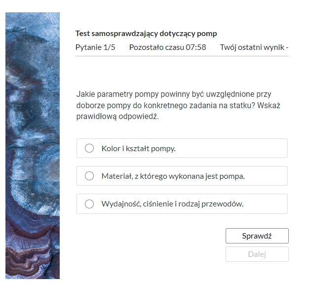 Grafika przedstawia przykładowe zadanie testowe. Ponad poleceniem widać numer pytania, czas, który pozostał na wypełnianie testu, oraz ostatni uzyskany wynik. Pod poleceniem znajdują się możliwe odpowiedzi. W prawym dolnym rogu panelu z zadaniem znajdują się dwa przyciski. Są to Sprawdź oraz Dalej.