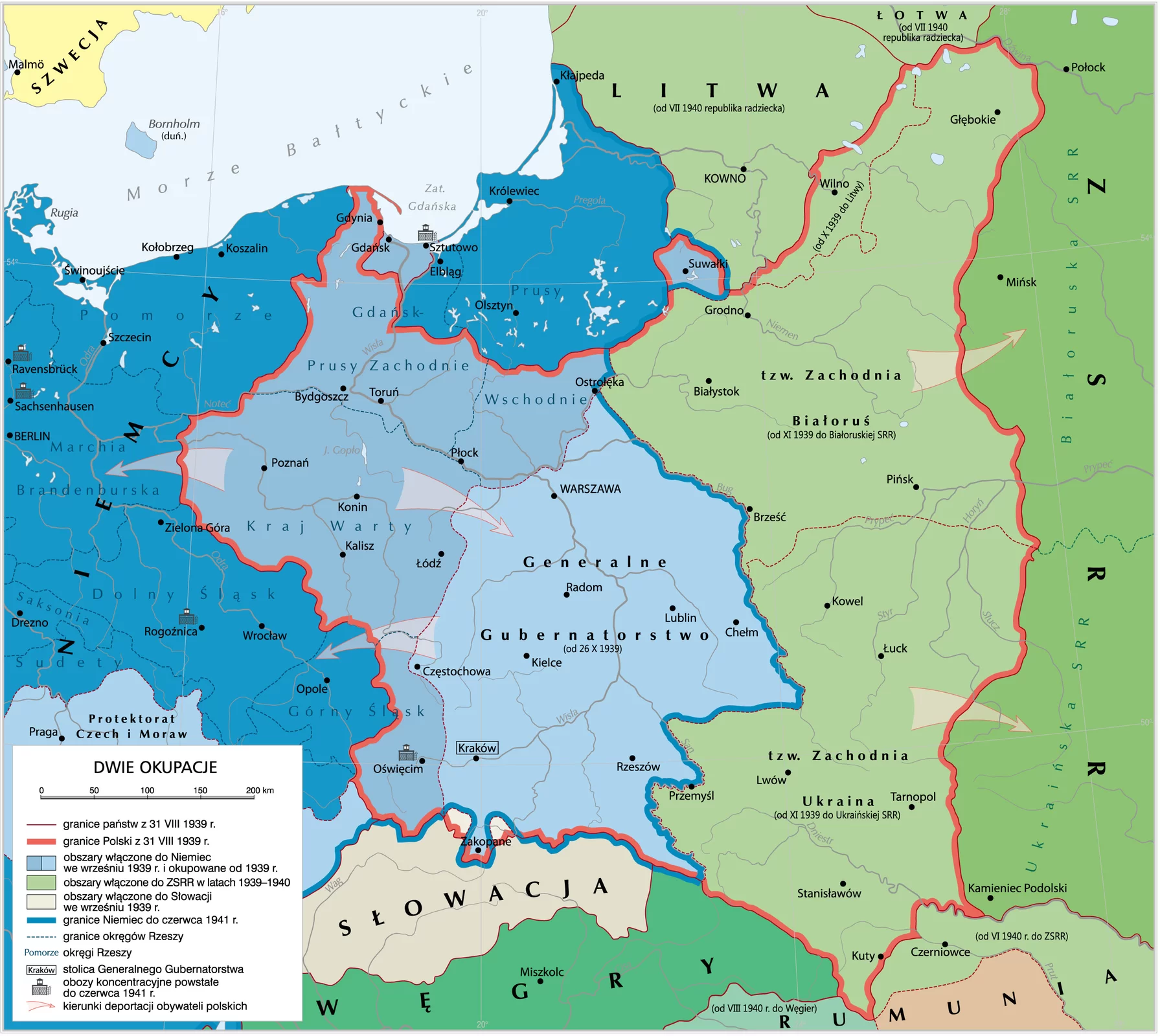 Kliknij, aby powiększyć. Na ilustracji mapa pt.: Dwie okupacje.