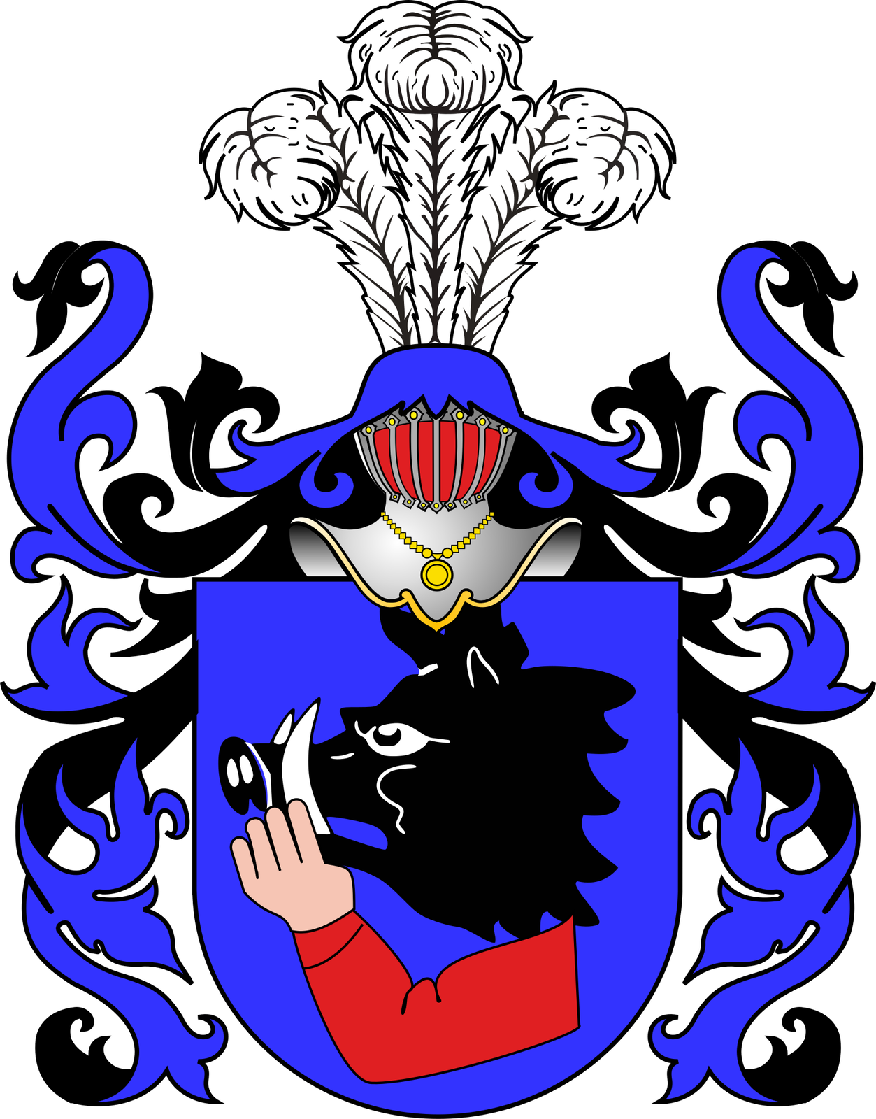 Ilustracja przedstawia niebieski herb na białym tle. W herbie widoczna jest czarna głowa dzika skierowana w lewą stronę. Głowę podpiera ludzka dłoń, której reszta ręki ubrana jest w czerwoną bluzkę. Na herbie spoczywa kask rycerski, który na szyi zawieszony ma żółty medalion. Na czubku widoczny jest pióropusz, a także fragmenty niebiesko‑czarnego materiału, który okala herb z obu stron.