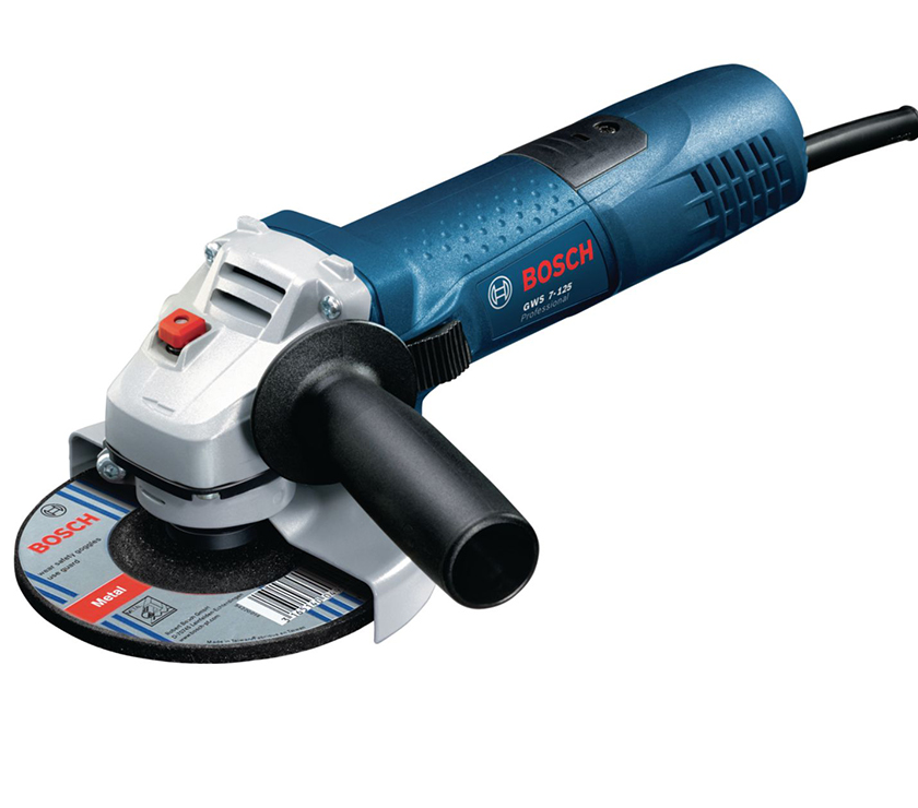 Zdjęcie przedstawia szlifierkę kątową. Urządzenie składa się z  korpusu  w kształcie walca zakończonego tarczą obrotową. Z boku znajduje się uchwyt ułatwiający precyzyjną obsługę urządzenia.