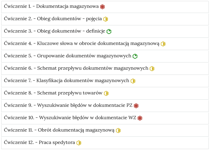 Zrzut ekranu przedstawia przykładowy wygląd zakładek z interaktywnymi materiałami sprawdzającymi. Widoczne jest dwanaście zakładek z ćwiczeniami, na każdej zakładce jest numer ćwiczenia i jego tytuł. Po tytule widać symbol poziomu trudności danego ćwiczenia.